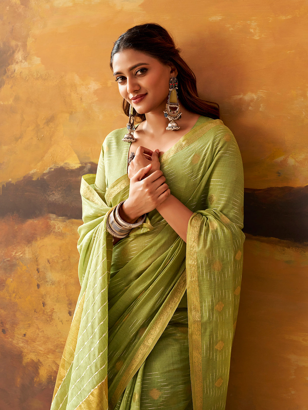 Green woven modal cotton festive saree