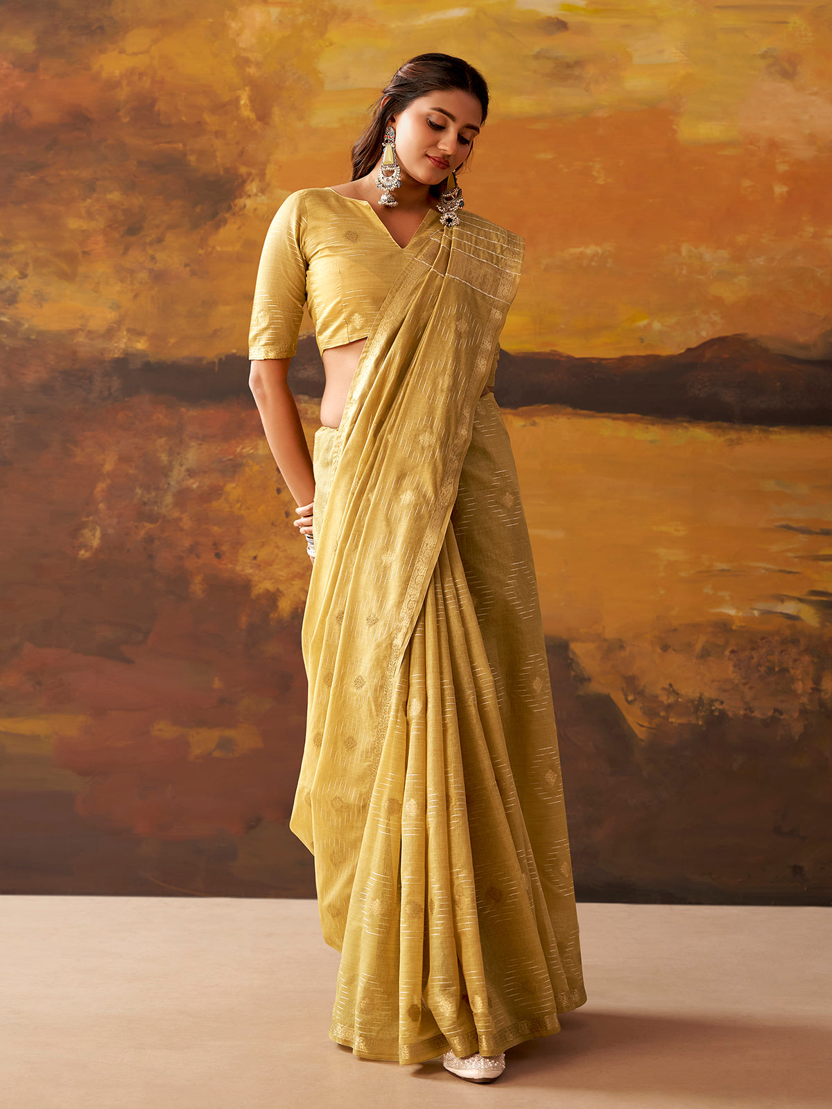 Olive woven modal cotton festive saree