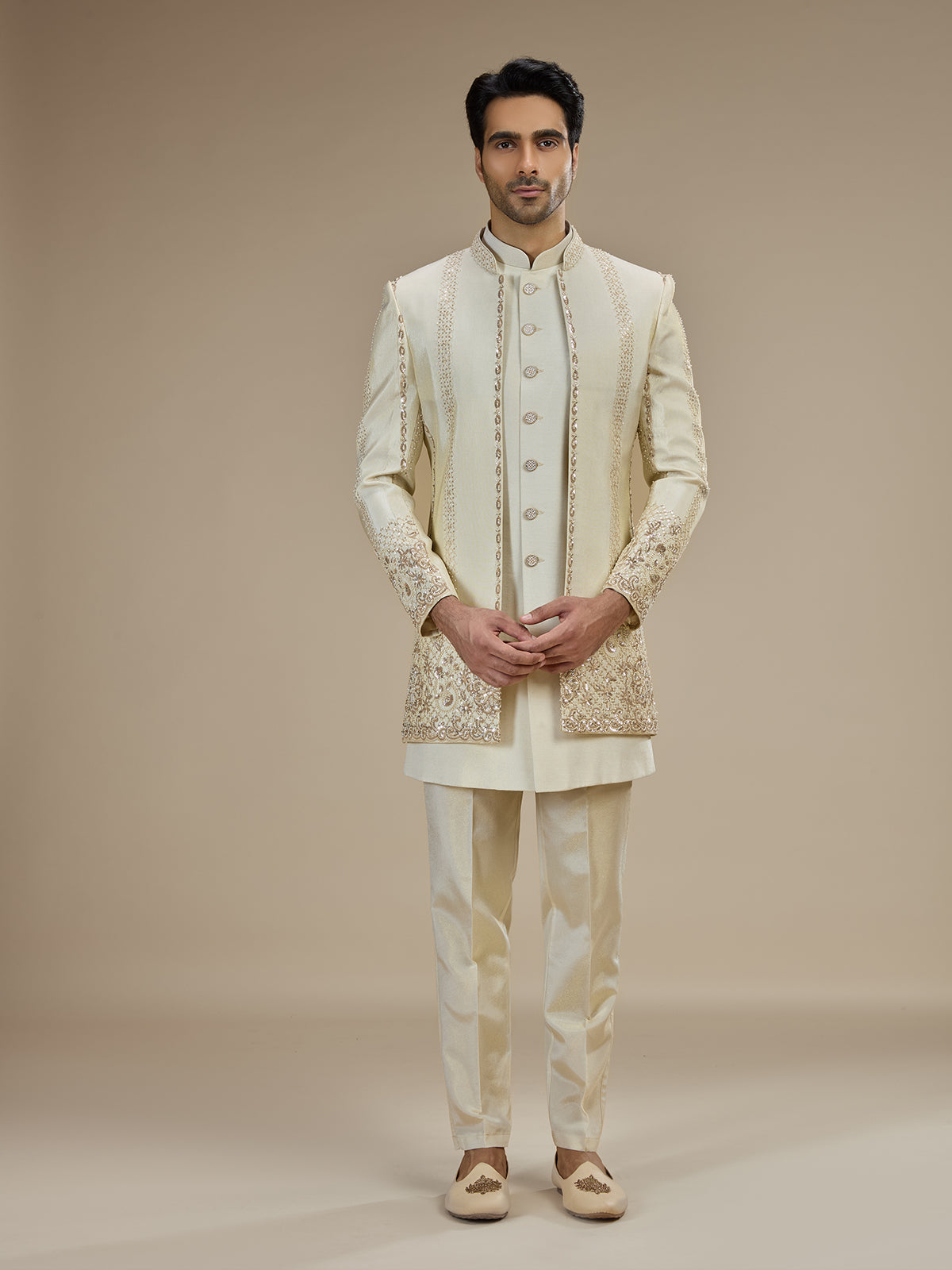 Cream men floral sequin indo western