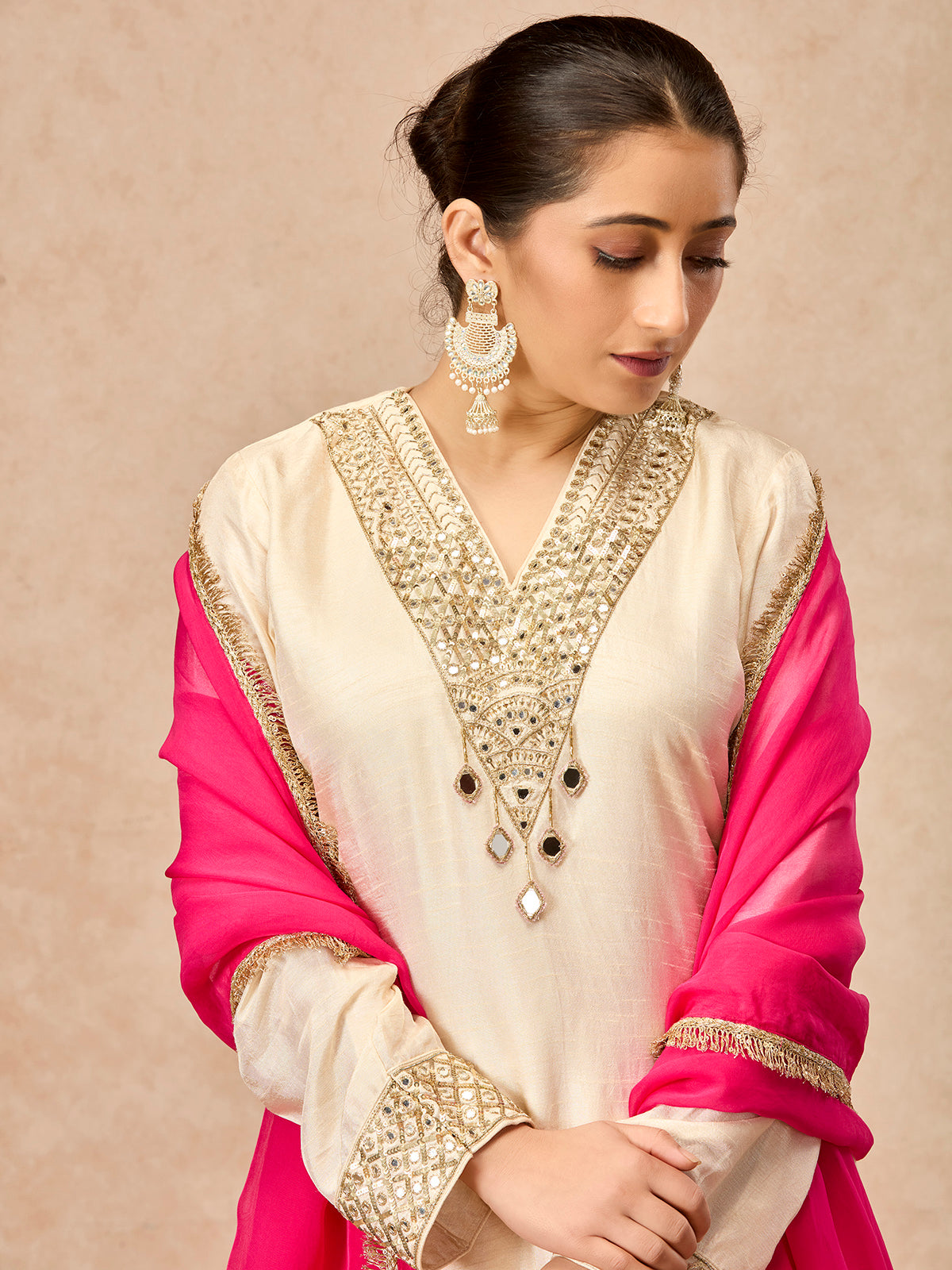 Beige women mirror embellished pant suit