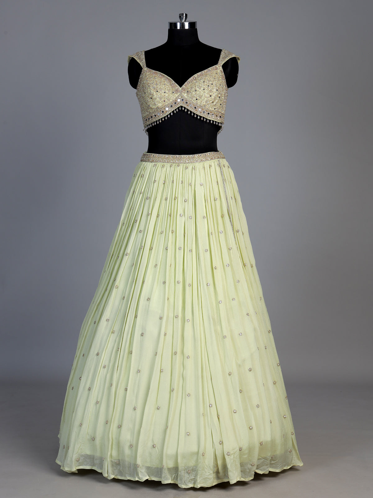 Pista green embellished chiffon lehenga choli with dupatta