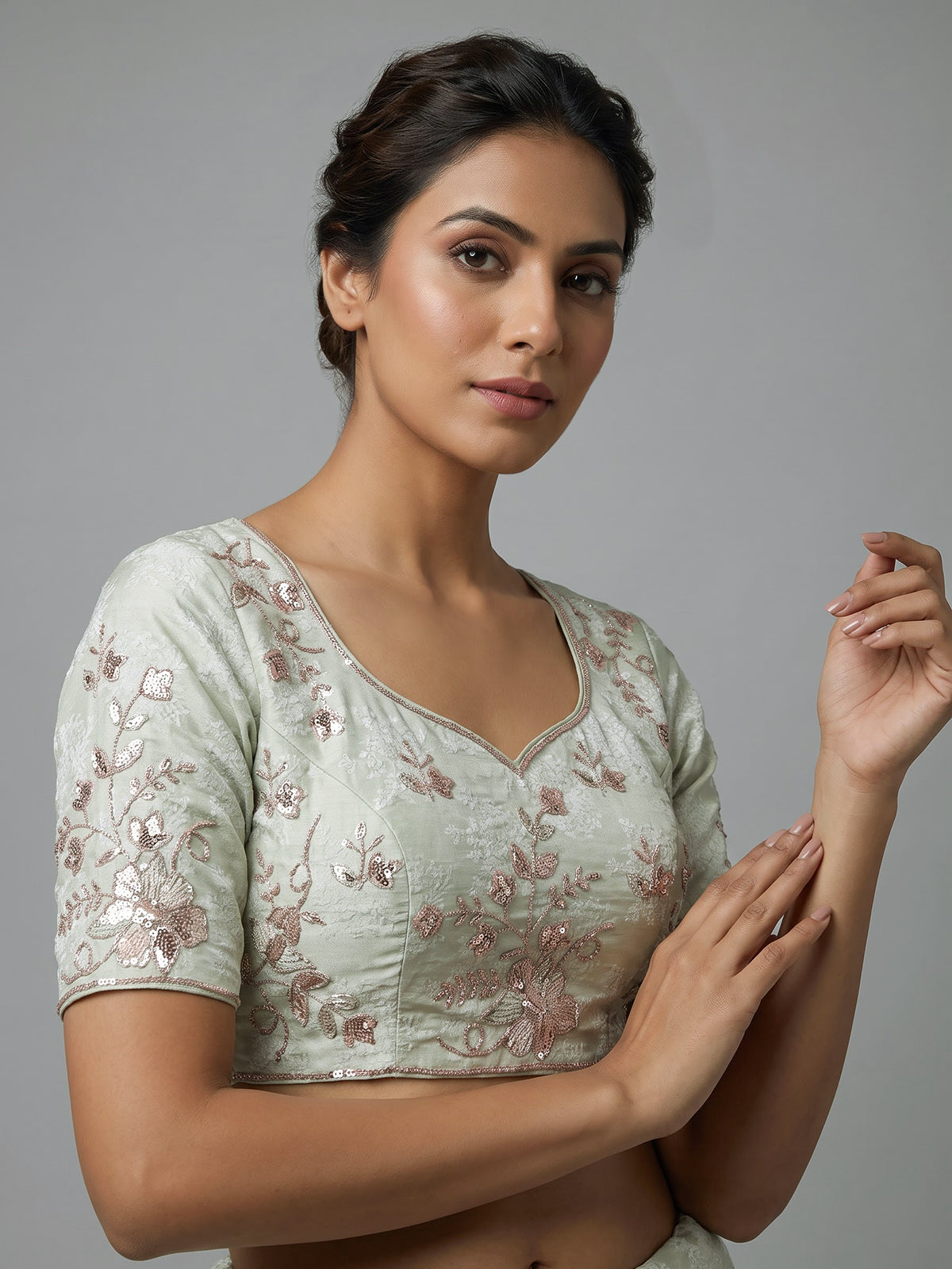 Mint green silk unstitched lehenga choli with dupatta