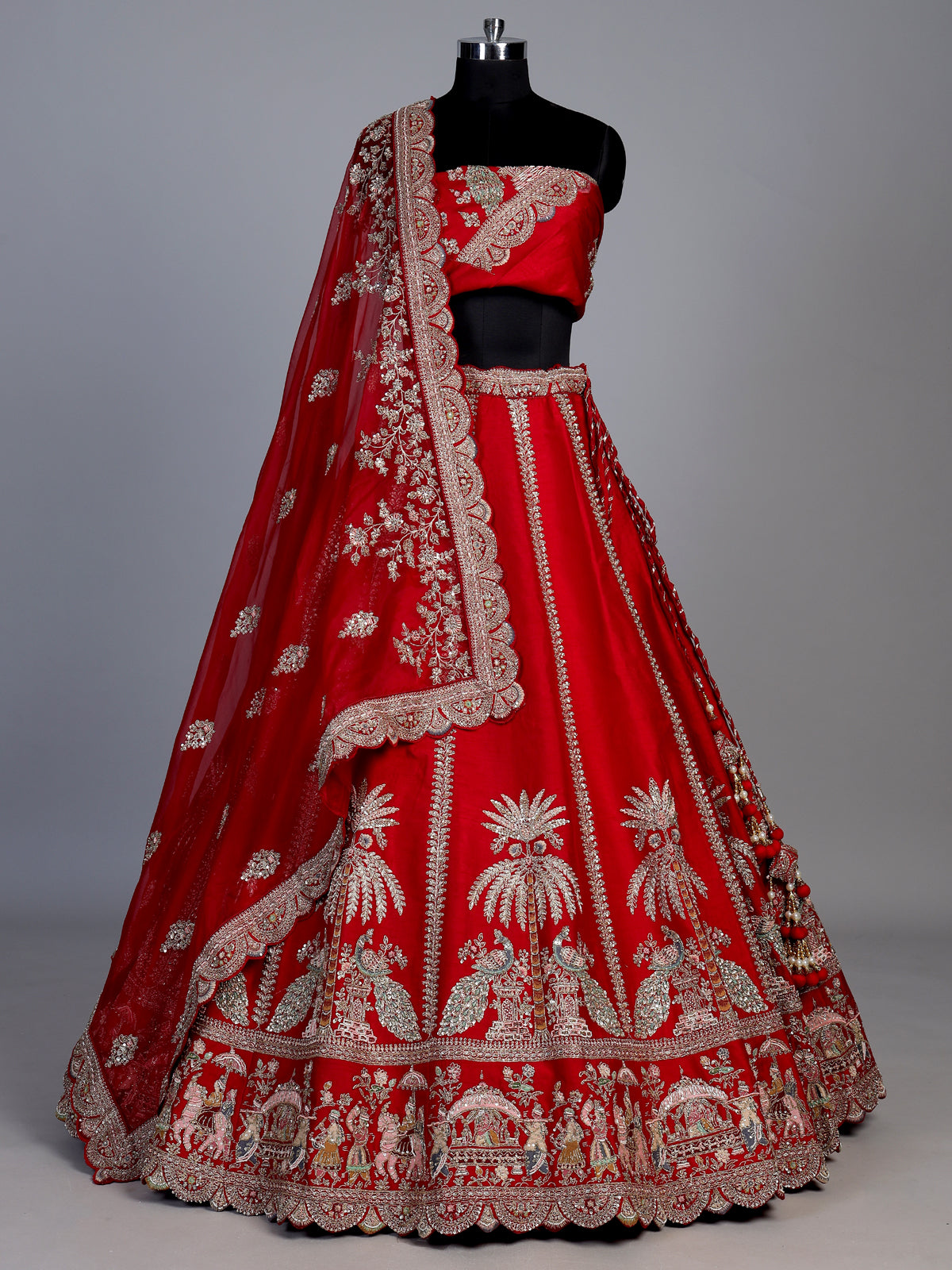 Red bridal raw silk unstitched lehenga choli