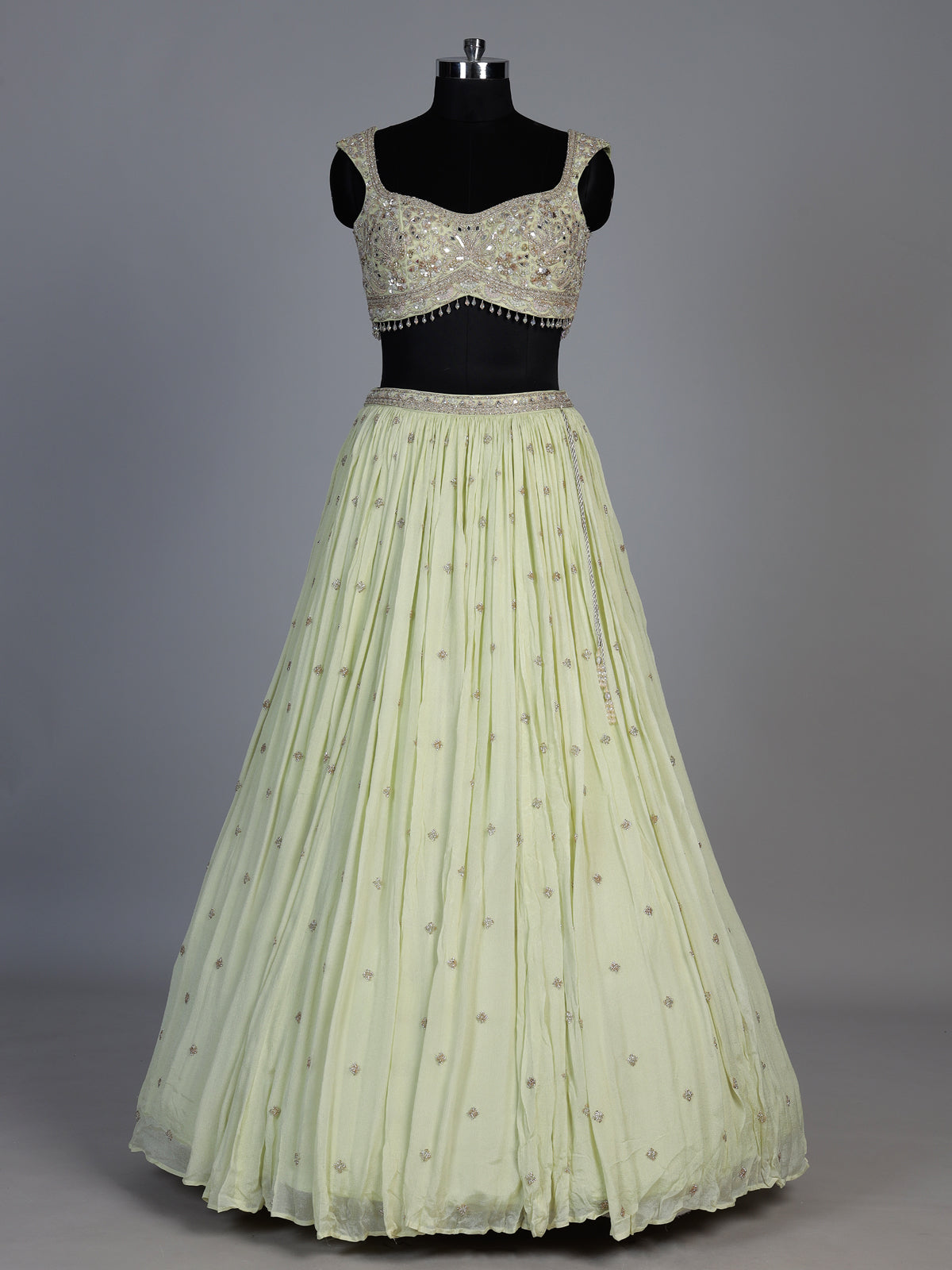 Pista green chiffon georgette lehenga with elegant sparkle