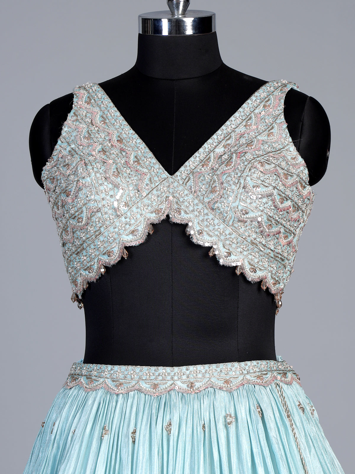 Sky blue tissue silk lehenga choli with exquisite embellished detailing
