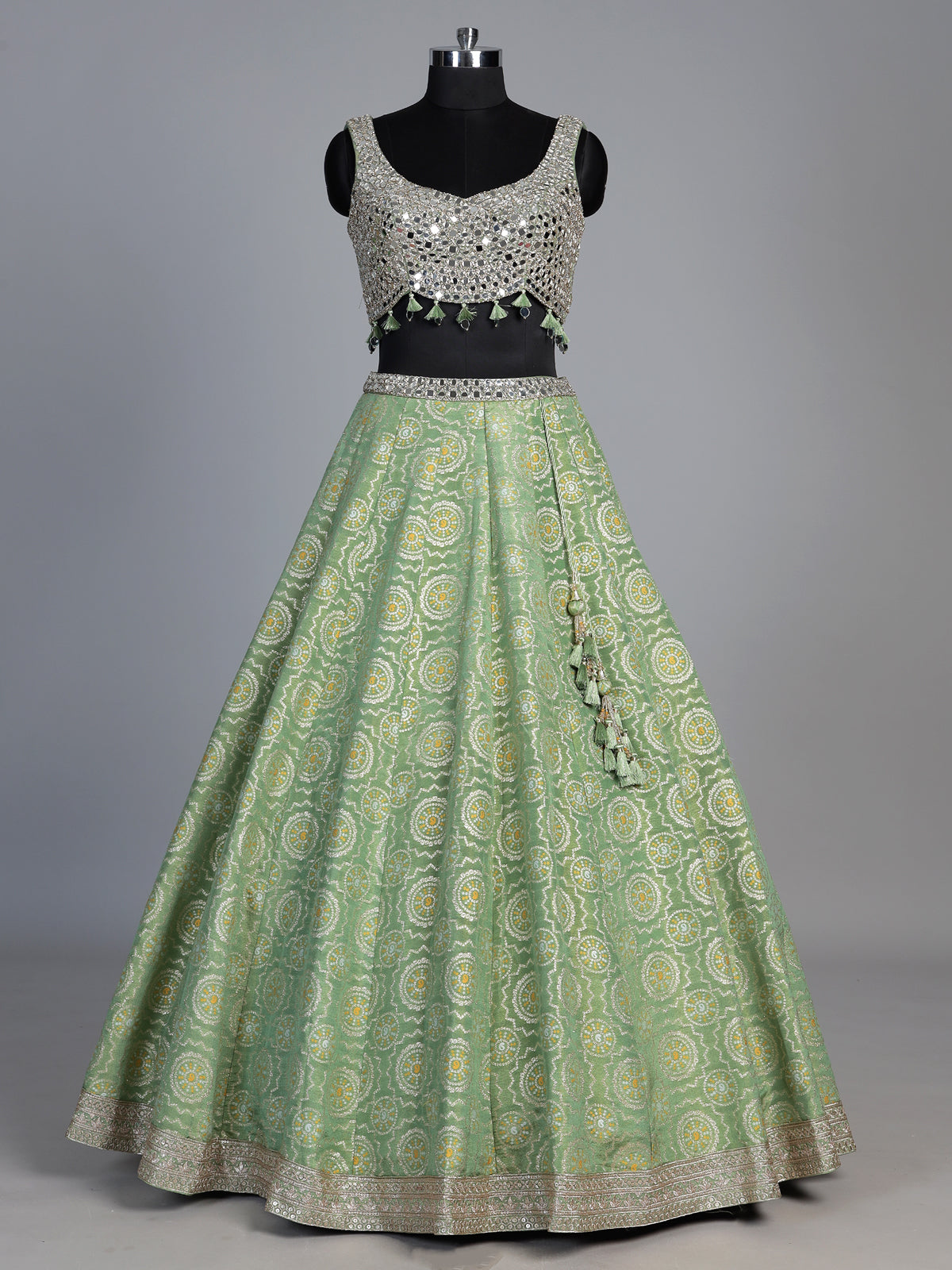 Pista green brocade silk lehenga choli with bandhani designer charm