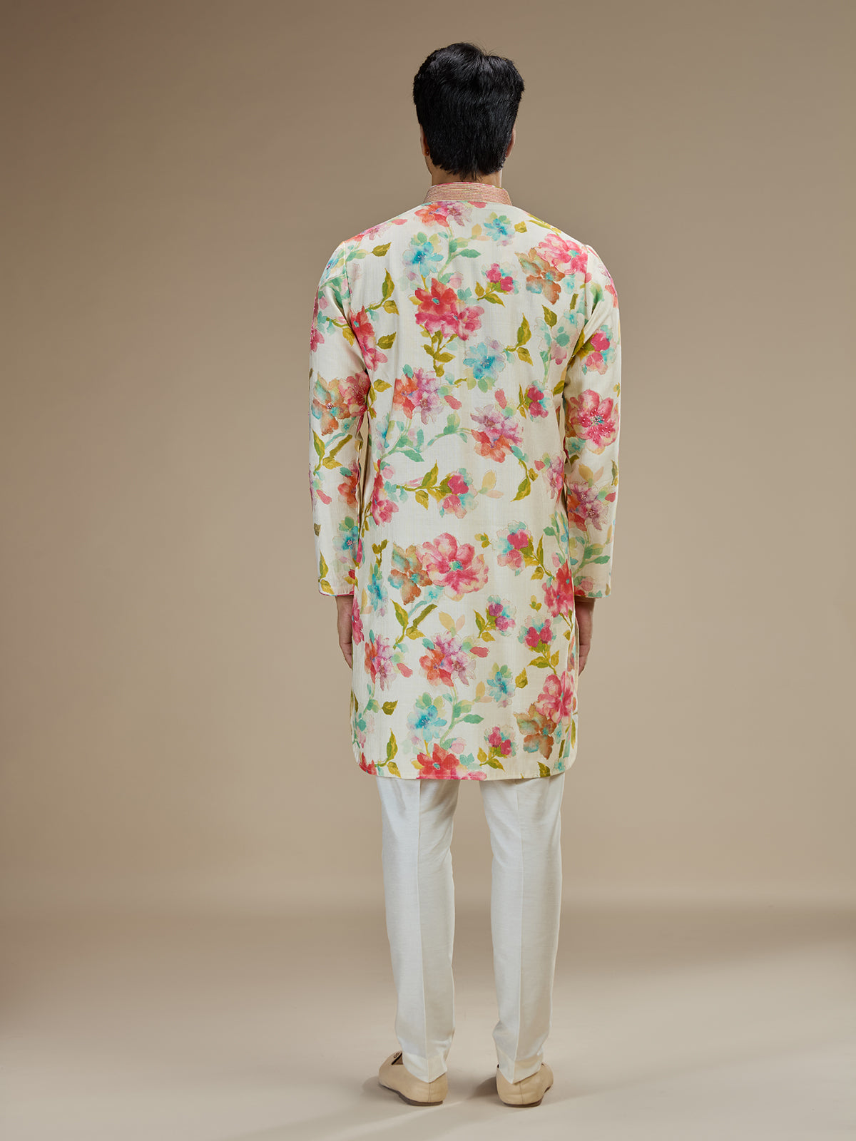 Cream men watercolor floral kurta pajama