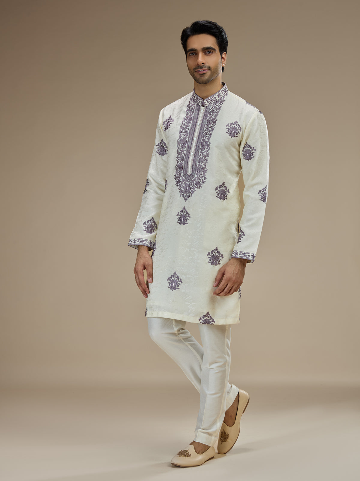 Cream men purple baroque embroidered kurta pajama