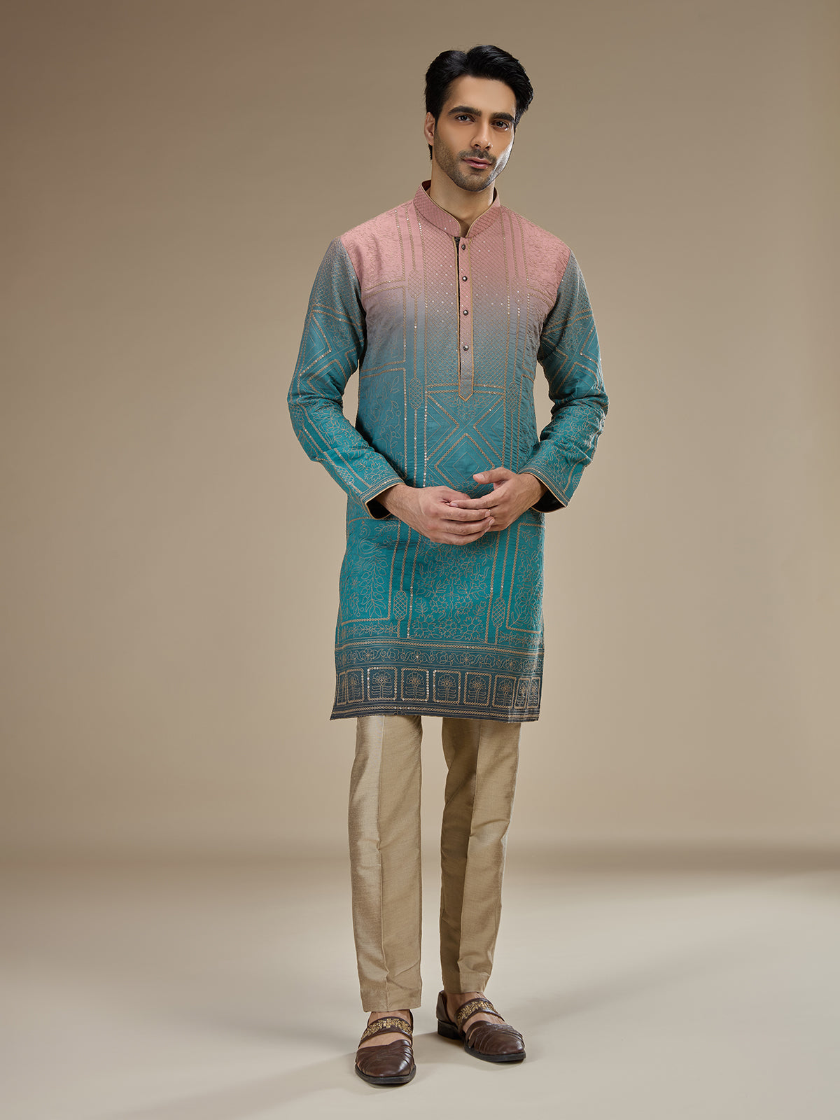 Blue men shaded chanderi embroidered kurta pajama