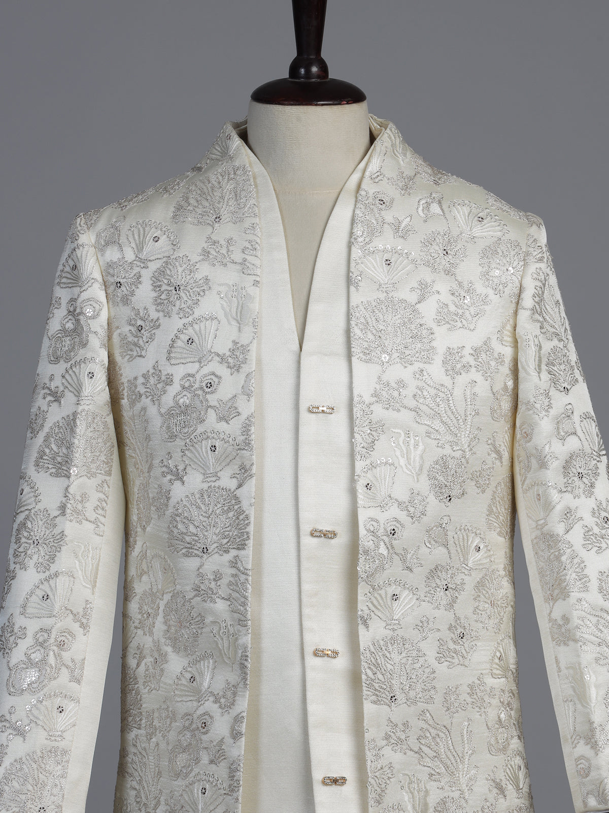 White silk blend indowestern set with refined sequins