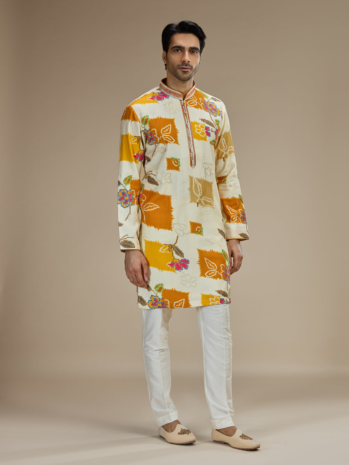 Cream men rani pink ikat kurta pajama
