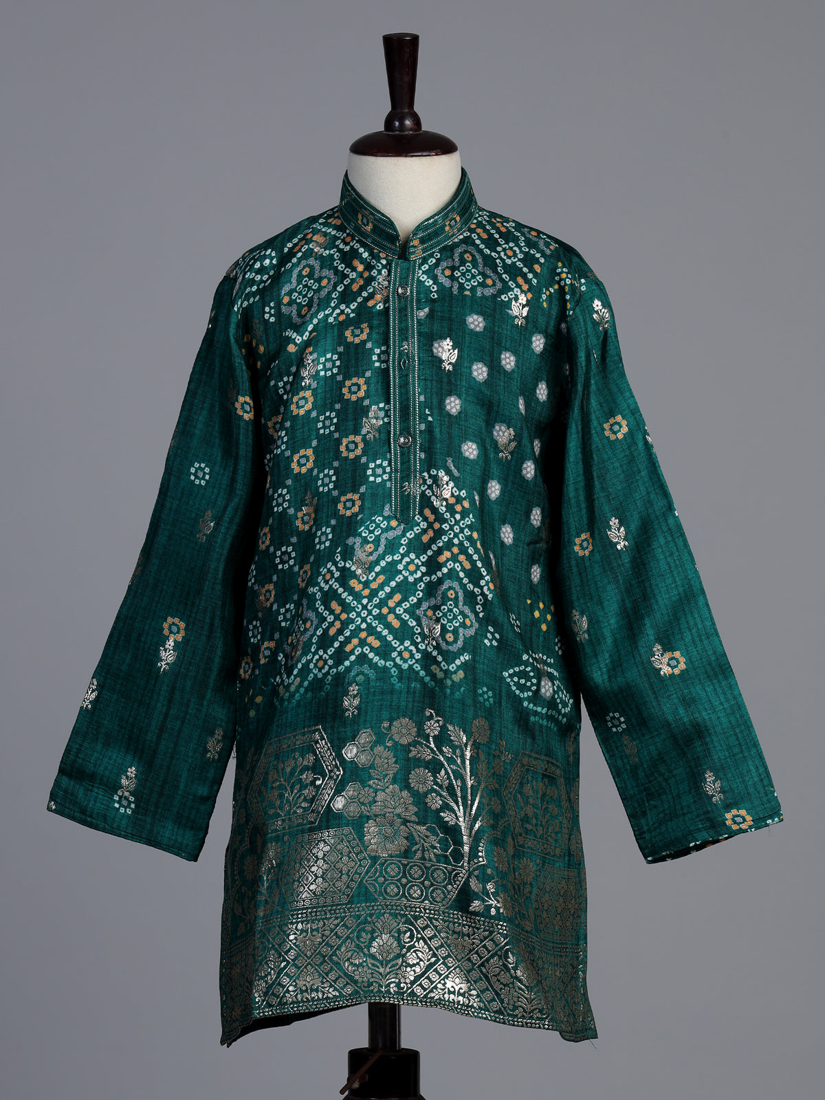 Green silk blend bandhani kurta suit for boys with zari work