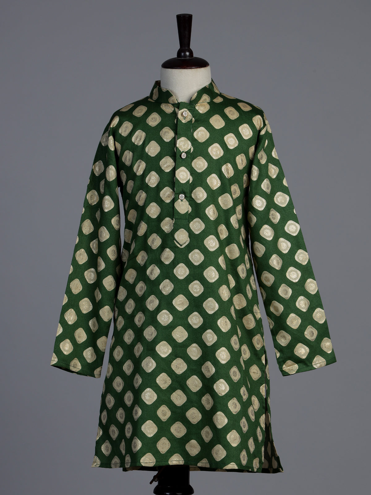 Mehendi green silk kurta suit for boys with zari printed charm