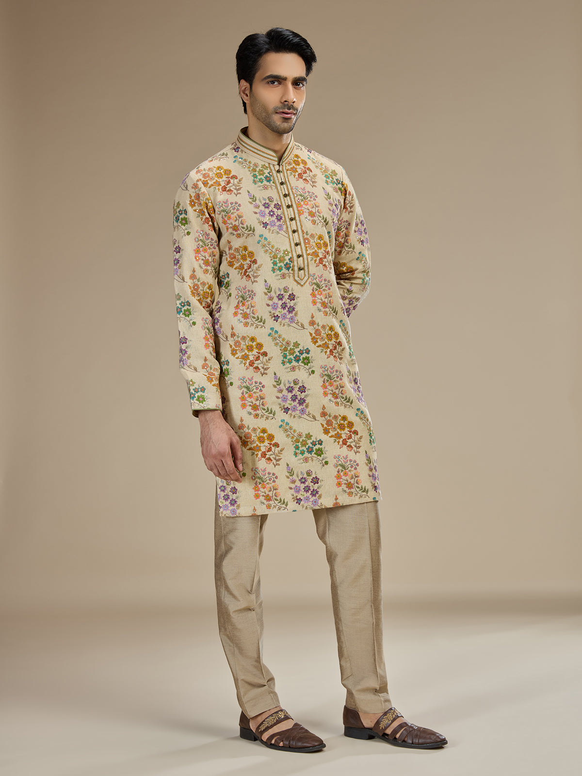Beige gold mens parsi gara tussar kurta suit