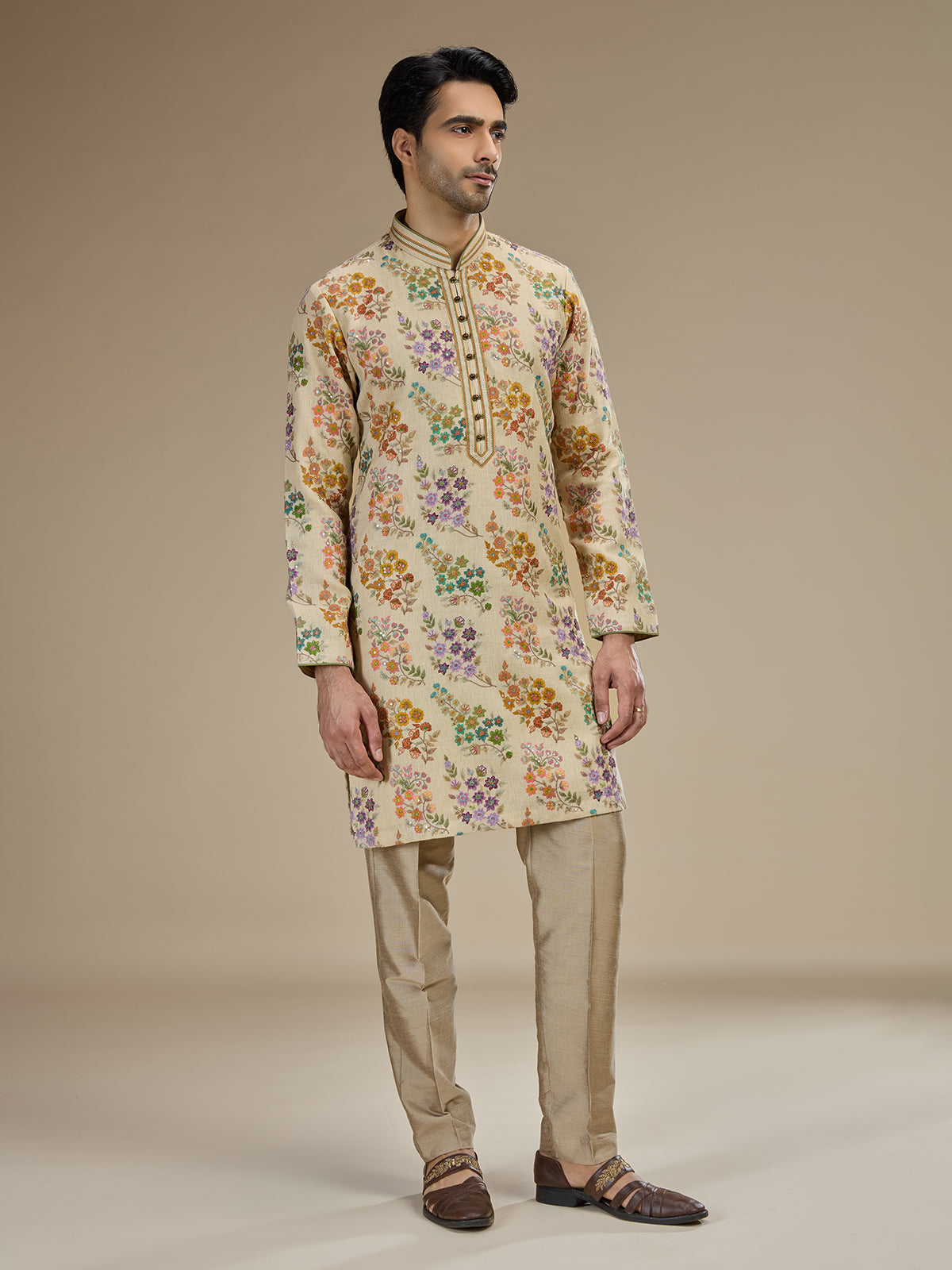 Beige gold mens parsi gara tussar kurta suit