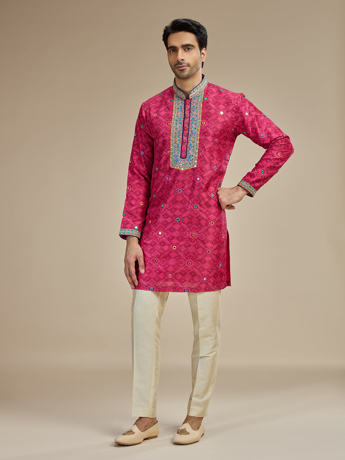 Magenta pink mens kutch embroidered cotton silk kurta suit
