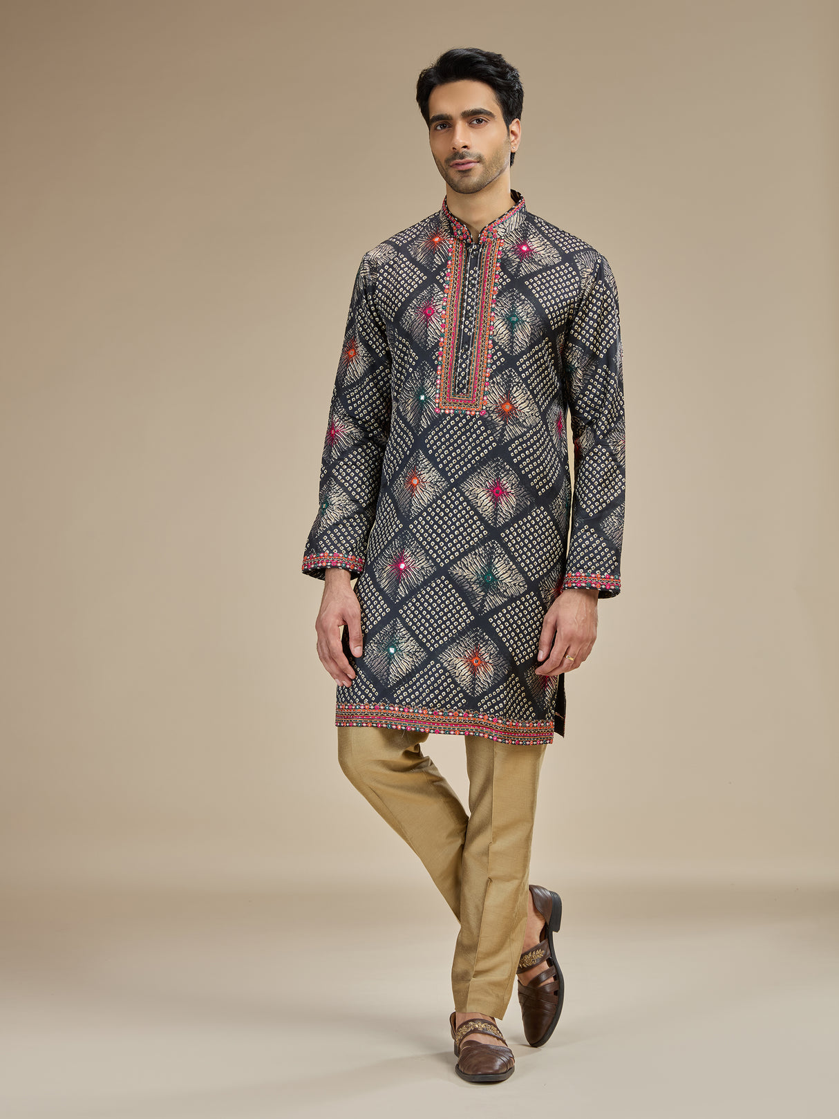 Charcoal black mens bandhani kutch embroidered kurta suit