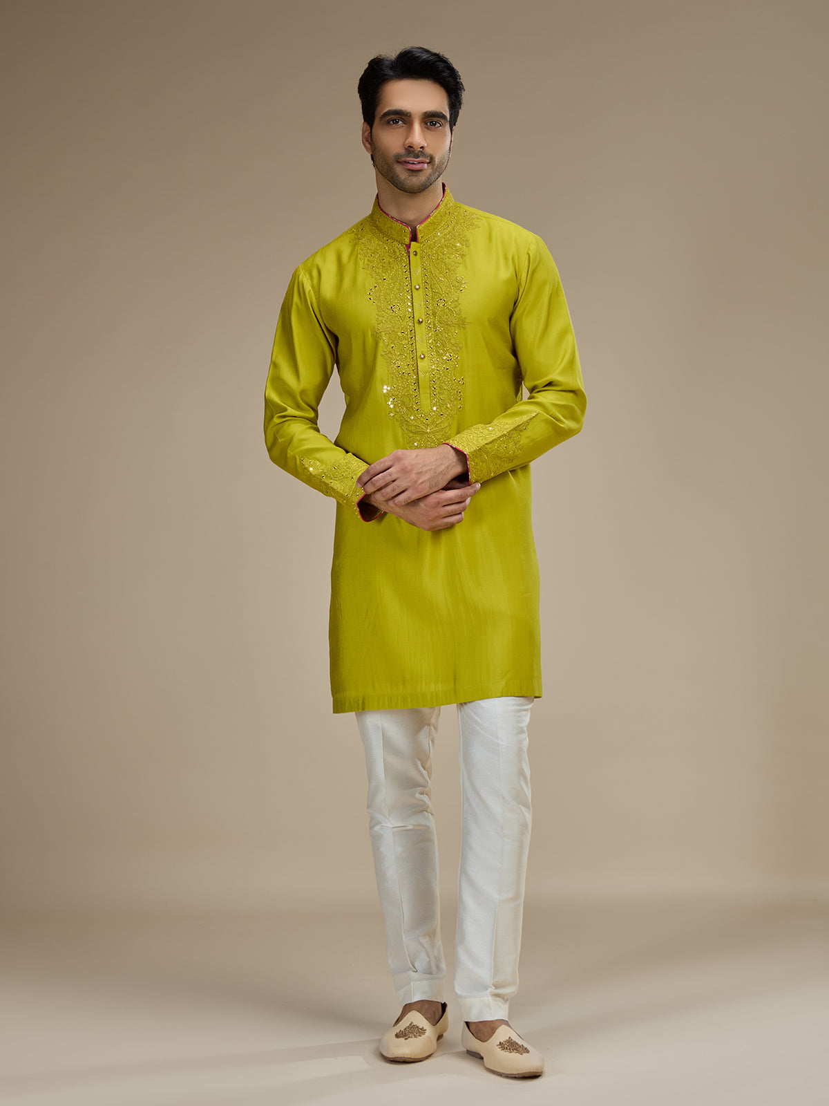 Lime green mens embellished resham silk kurta suit
