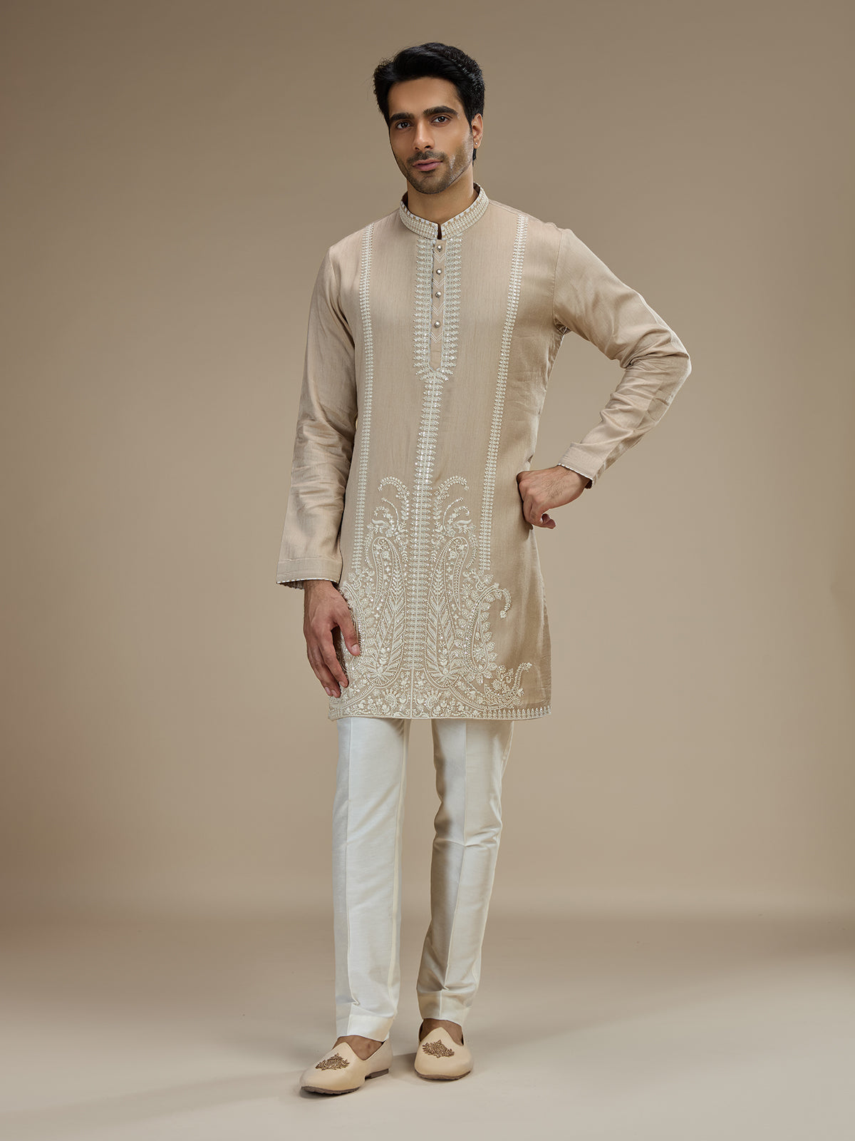 Beige mens paisley embroidered tussar kurta suit
