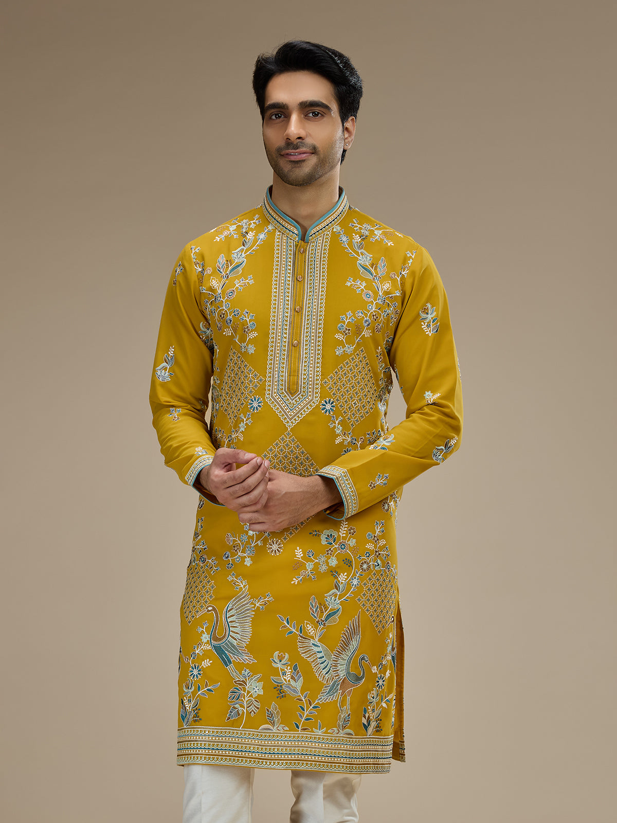 Yellow mens crane motif embroidered silk kurta suit