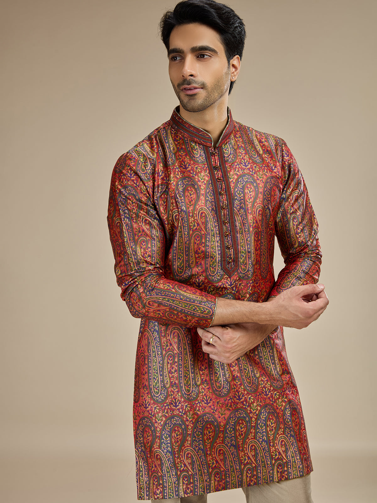 Deep maroon mens kashmiri jamawar modal kurta suit