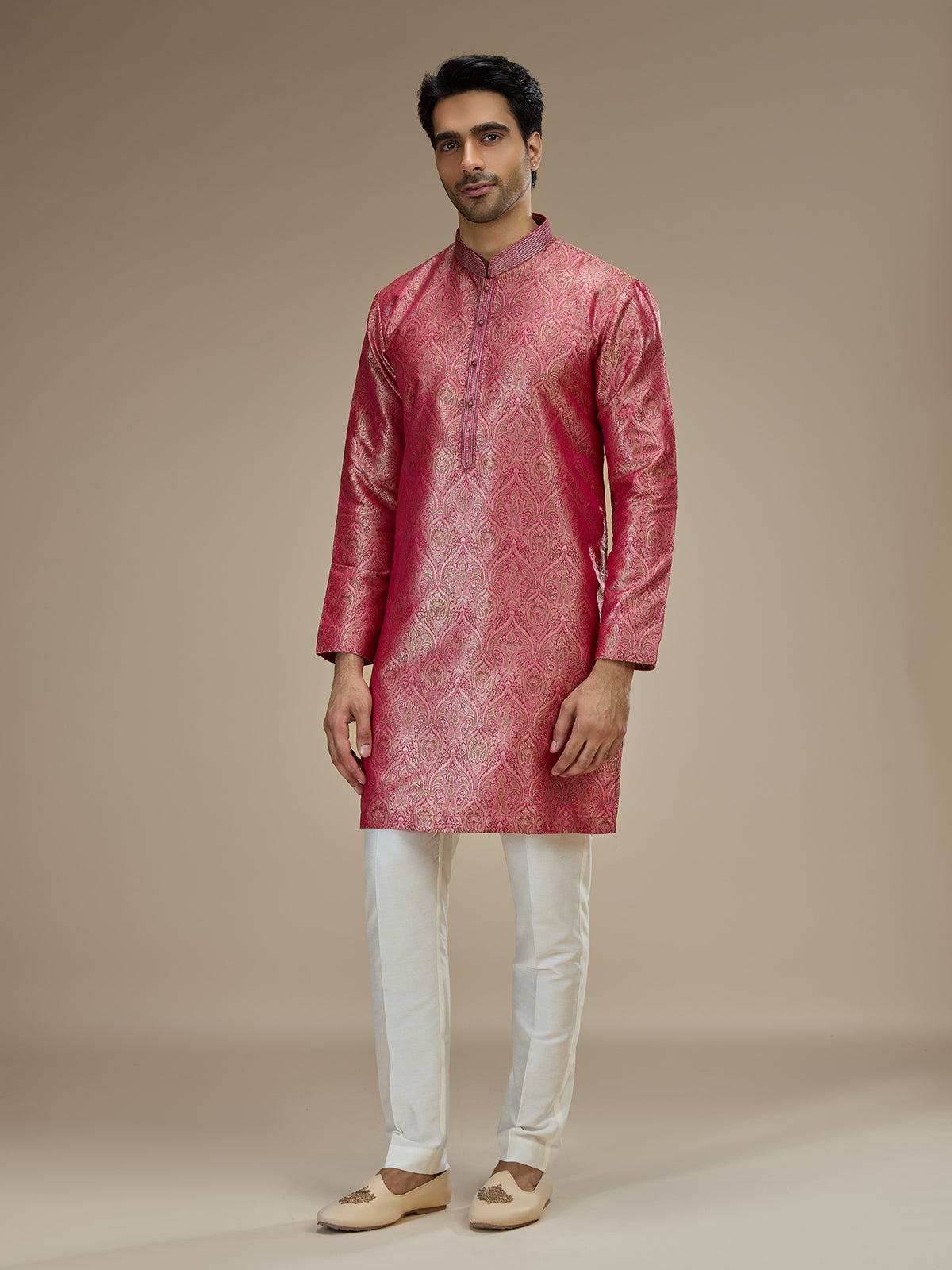 Pink mens heritage floral banarasi brocade kurta pajama