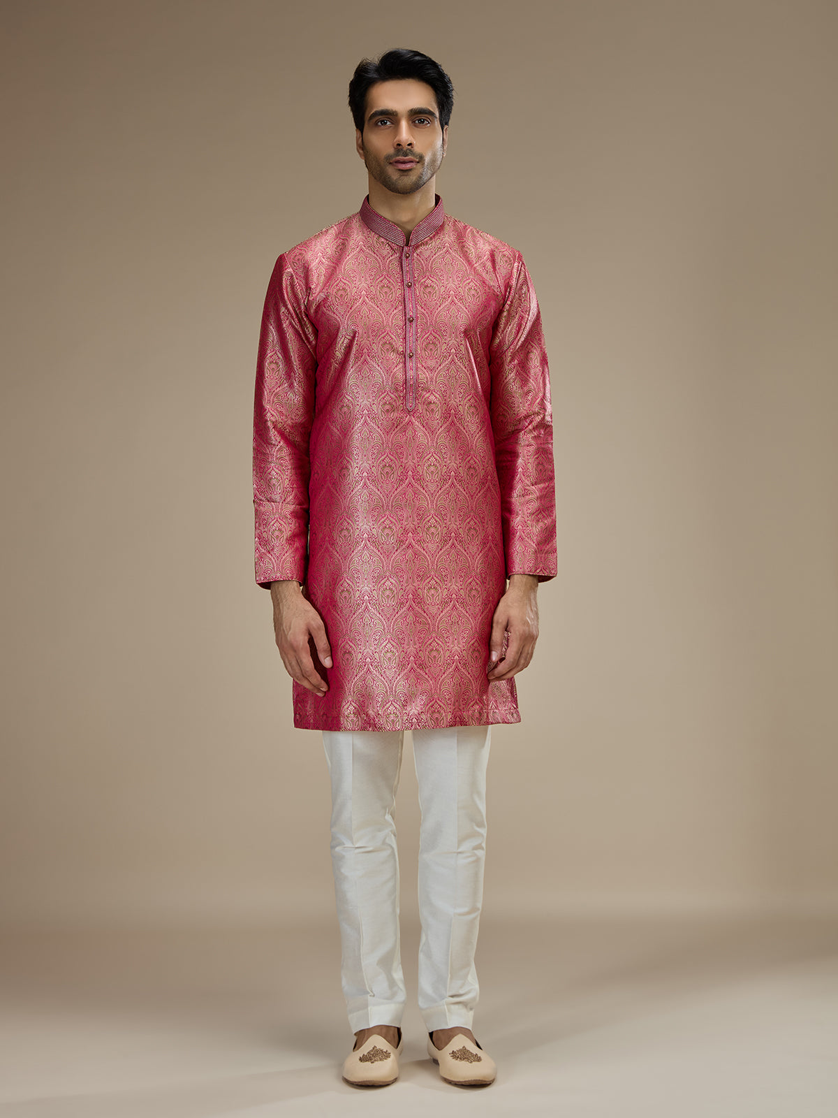 Pink mens heritage floral banarasi brocade kurta pajama