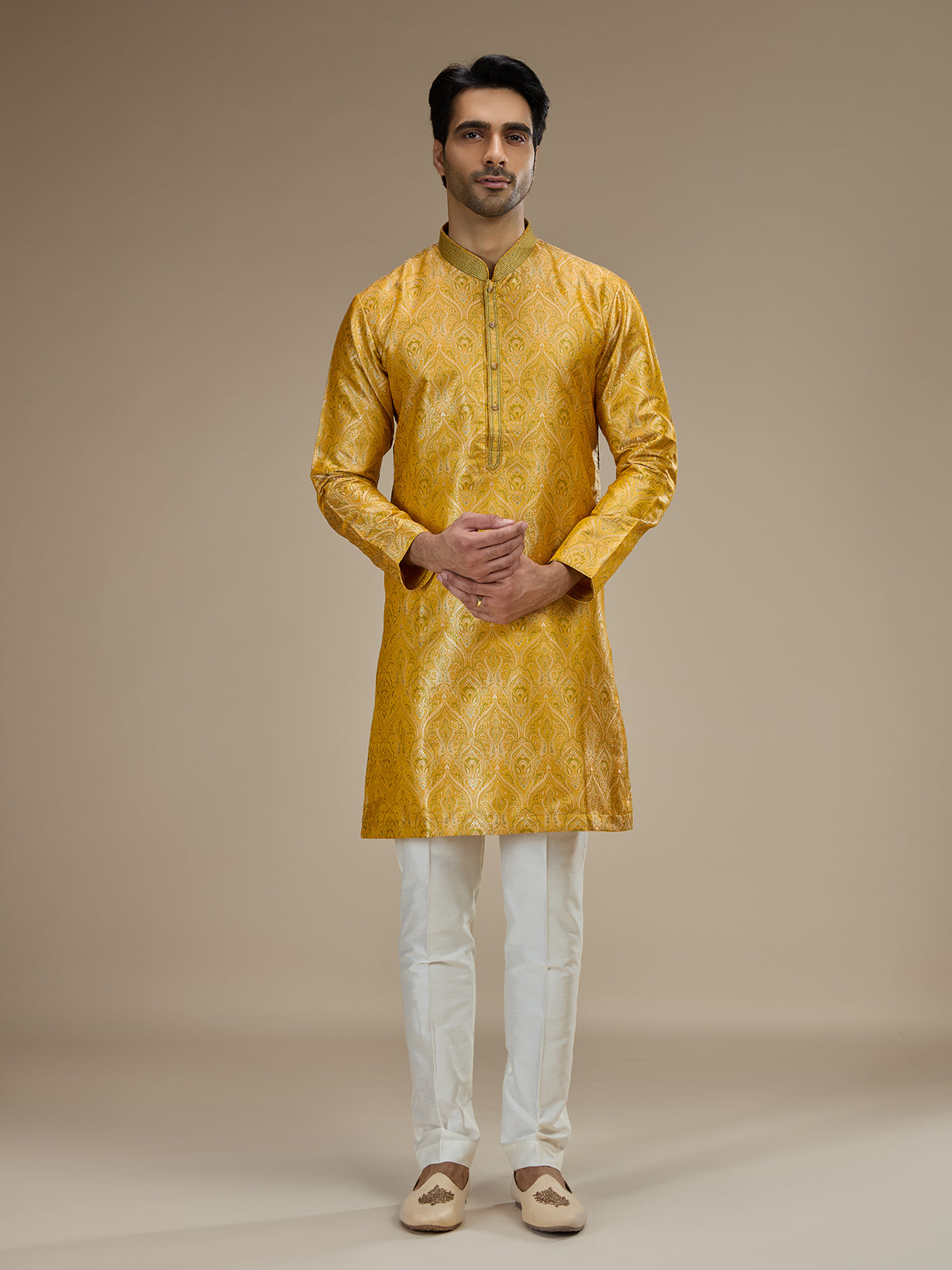Yellow mens classic floral banarasi brocade kurta suit