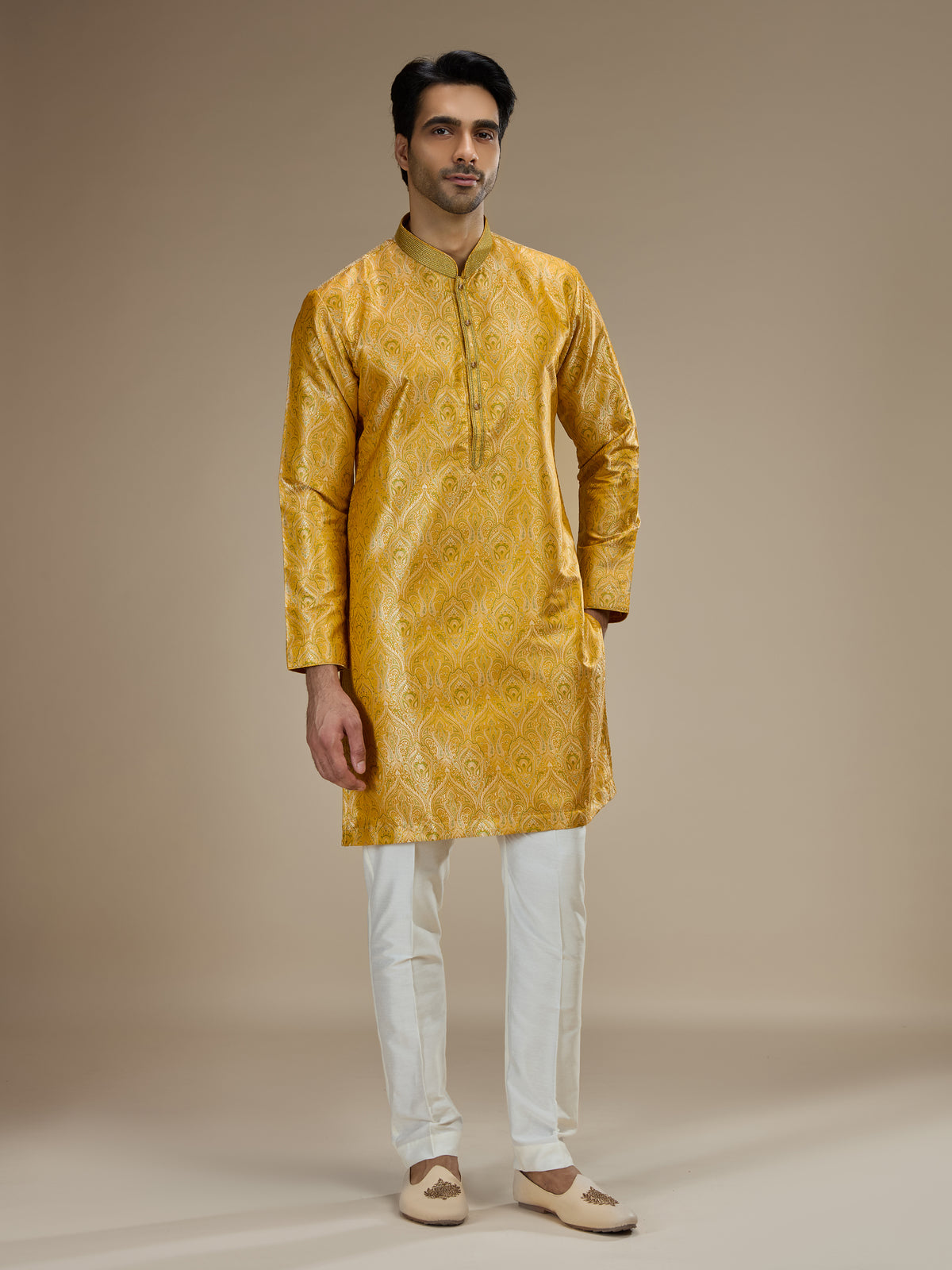Yellow mens classic floral banarasi brocade kurta suit