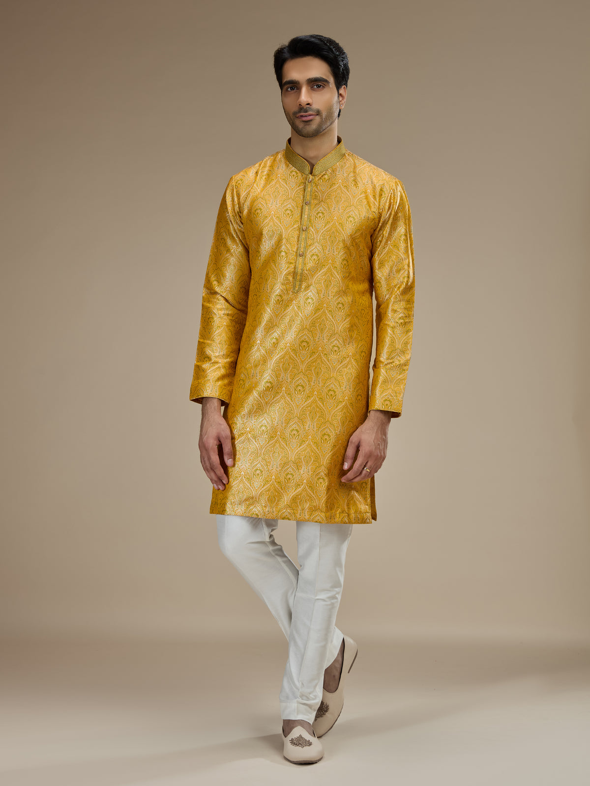 Yellow mens classic floral banarasi brocade kurta suit
