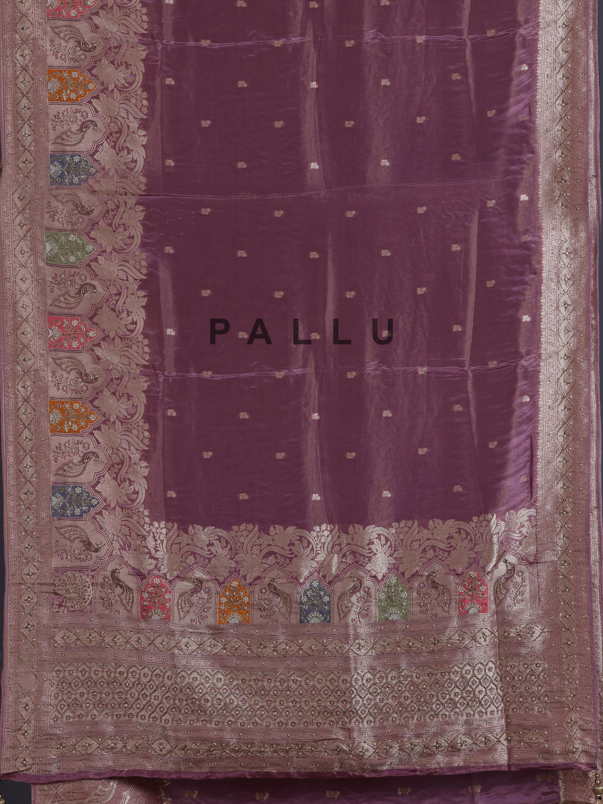 Mauve purple silk saree with rich peacock motif detailing