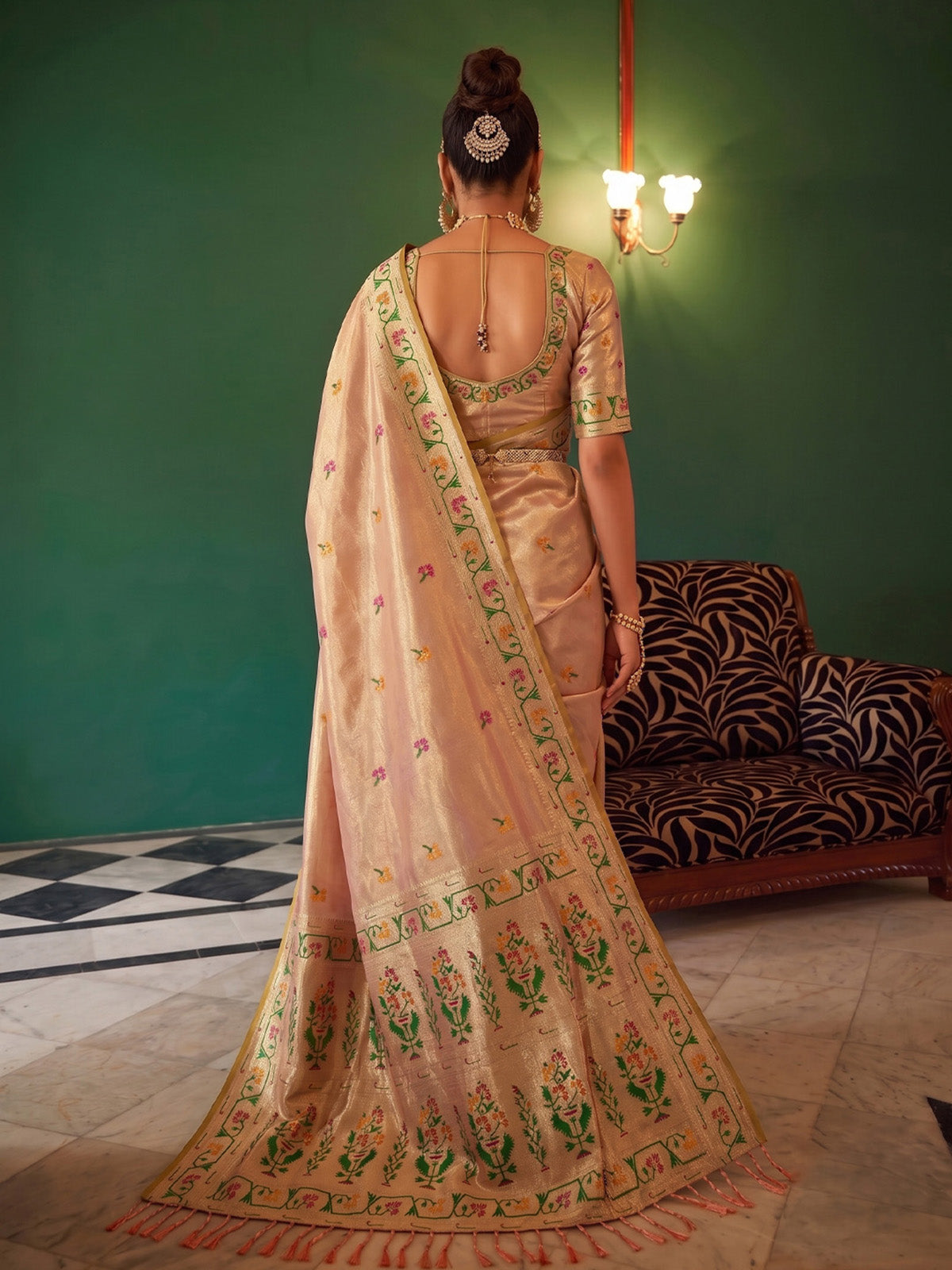 Pastel peach festive tissue silk saree