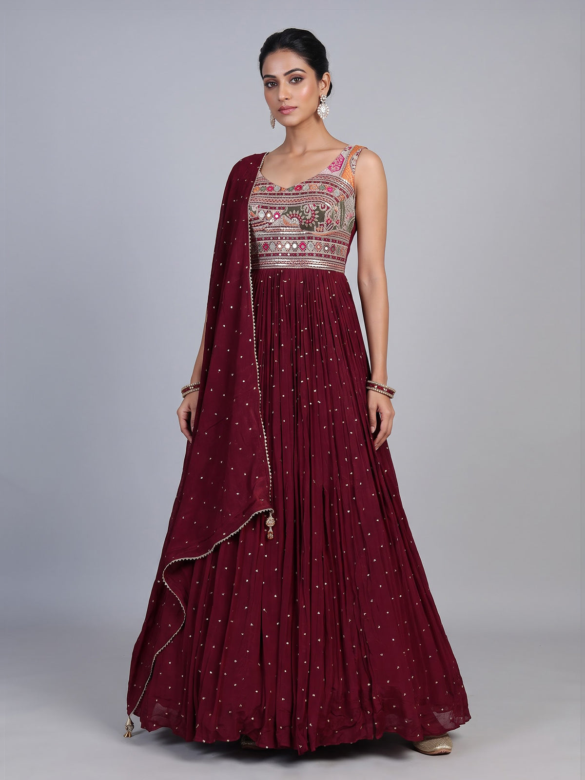Maroon embroidered and sequins georgette anarkali suit