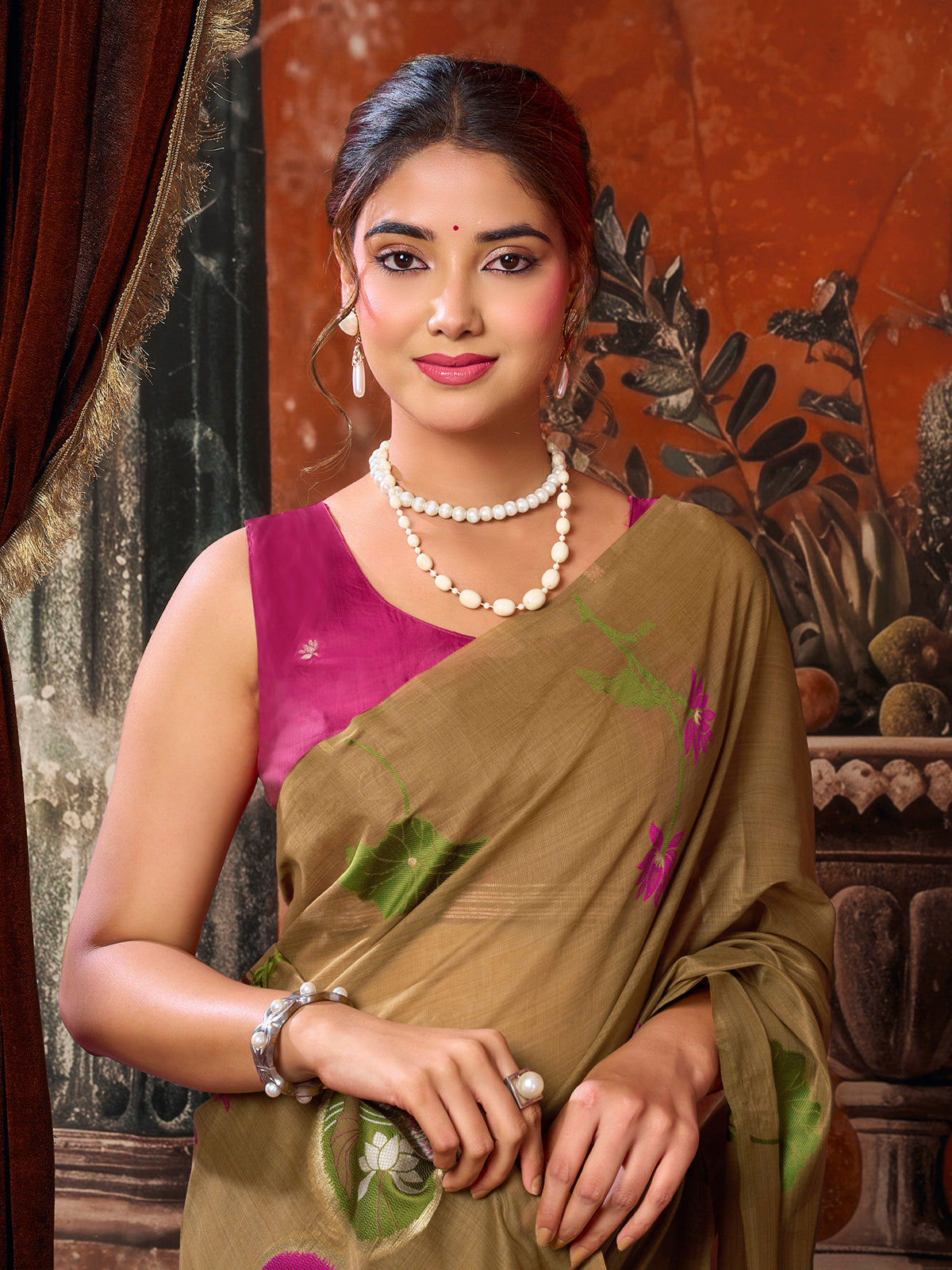Olive lotus printed women saree with unstitched contrast blouse