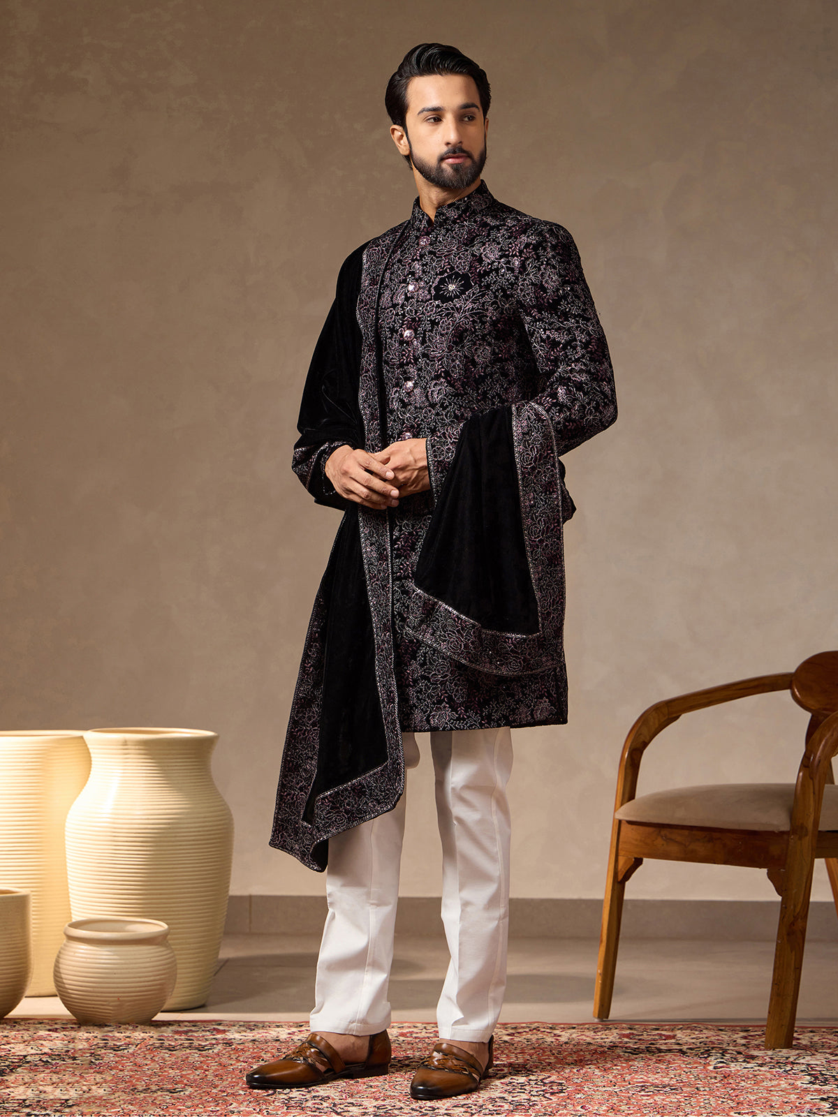 Deep wine velvet silk mens Indo western