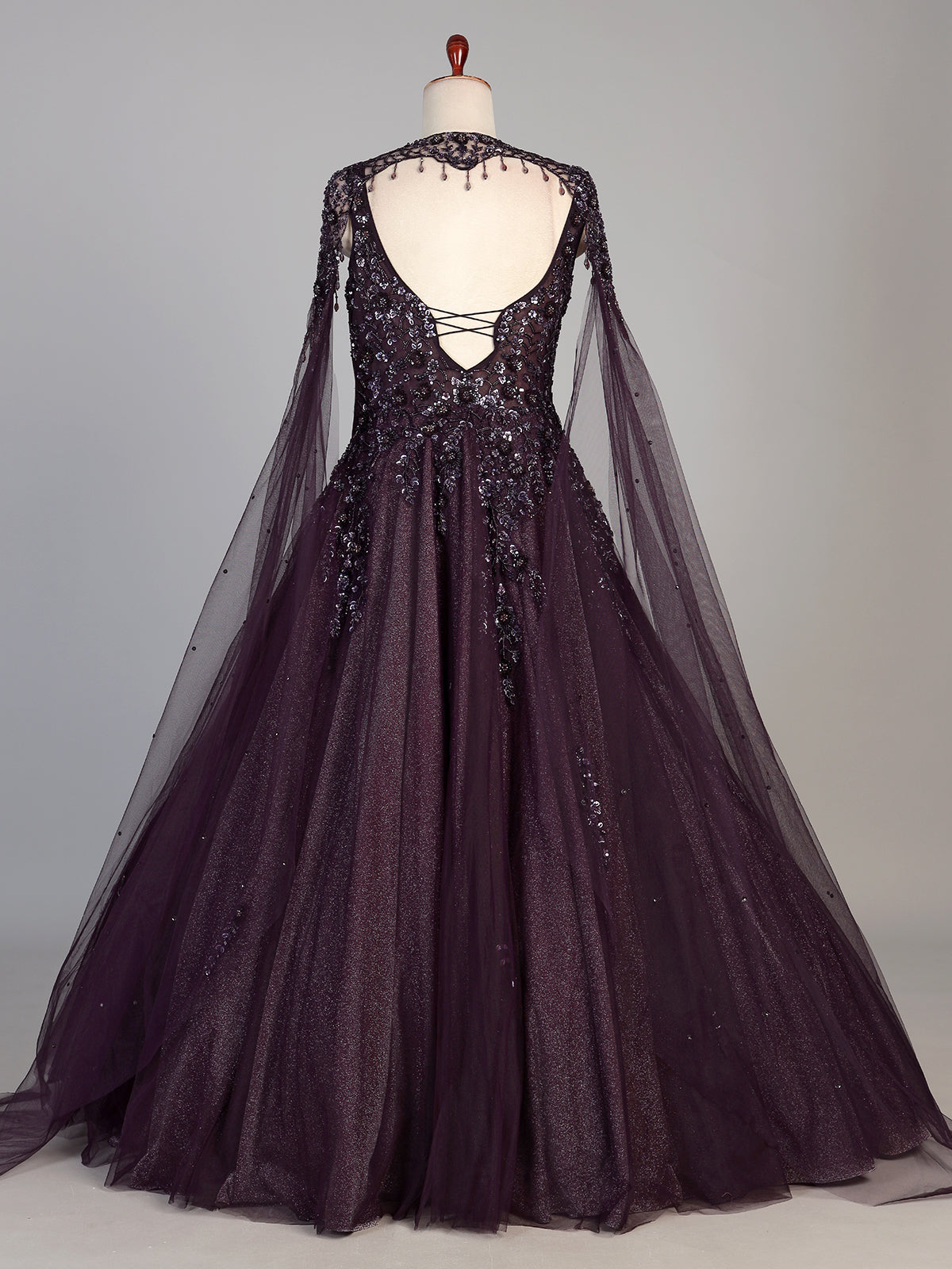 Wine womens designer choker cape gown