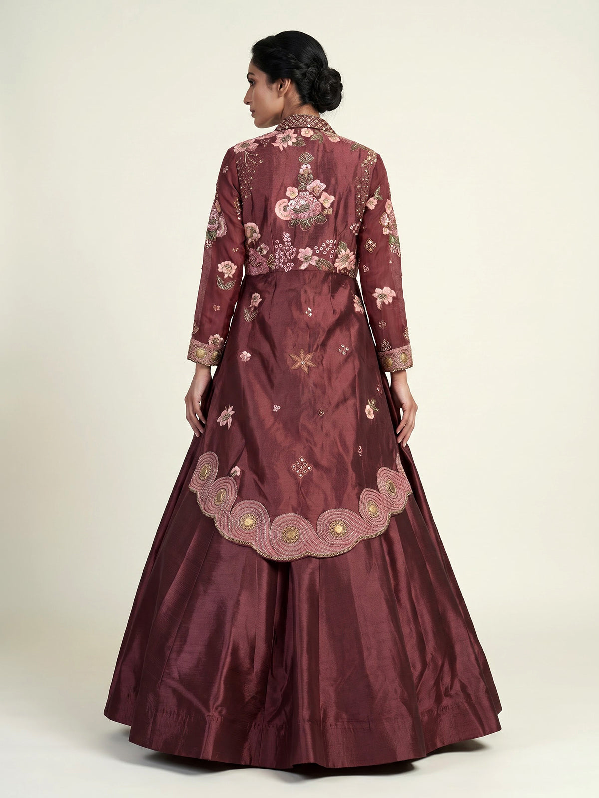 Maroon womens designer jacket lehenga suit