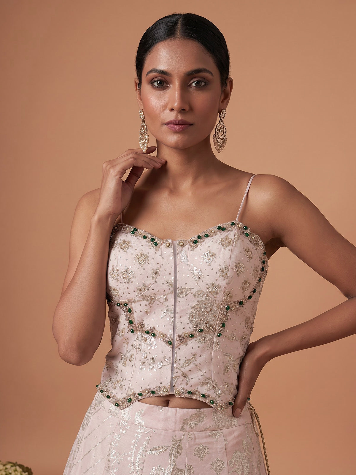 Baby pink womens brocade corset lehenga