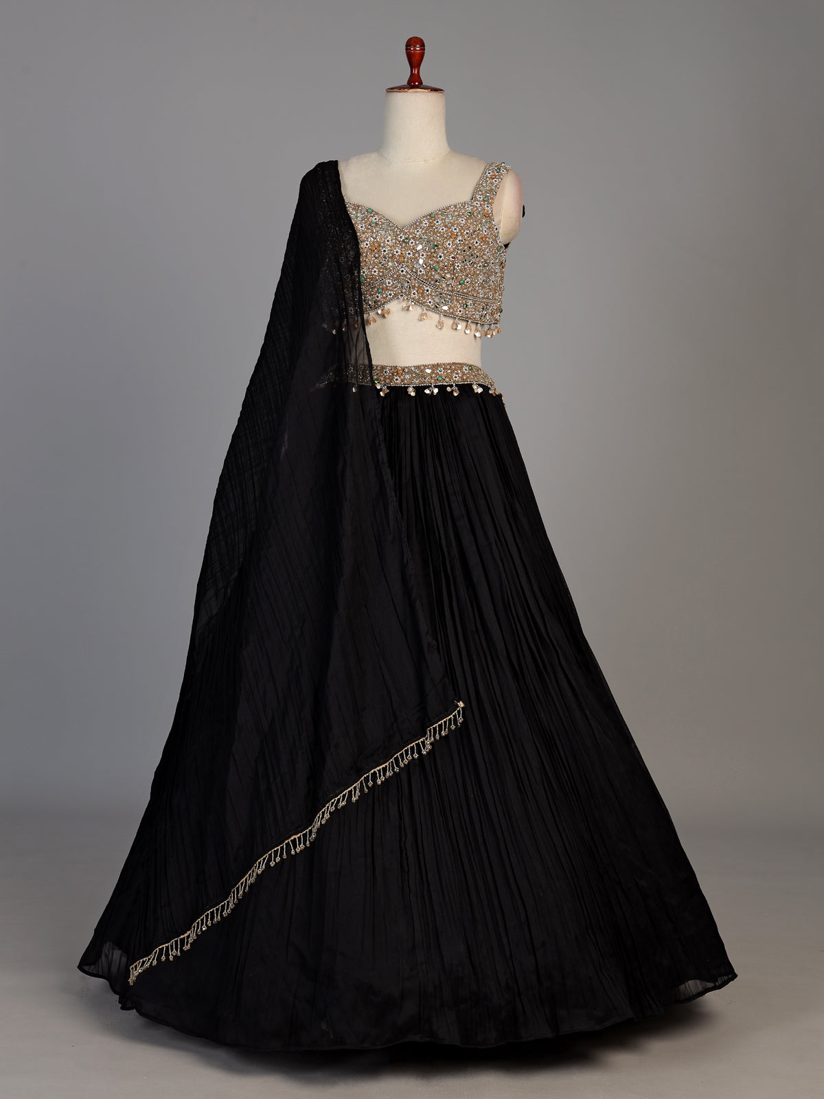 Black womens elegant crushed lehenga choli