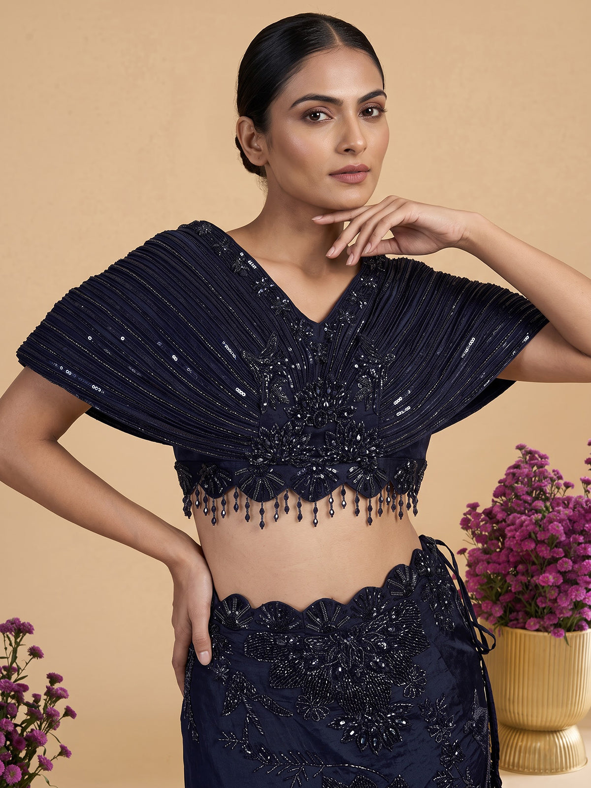Navy blue womens pleated cape lehenga