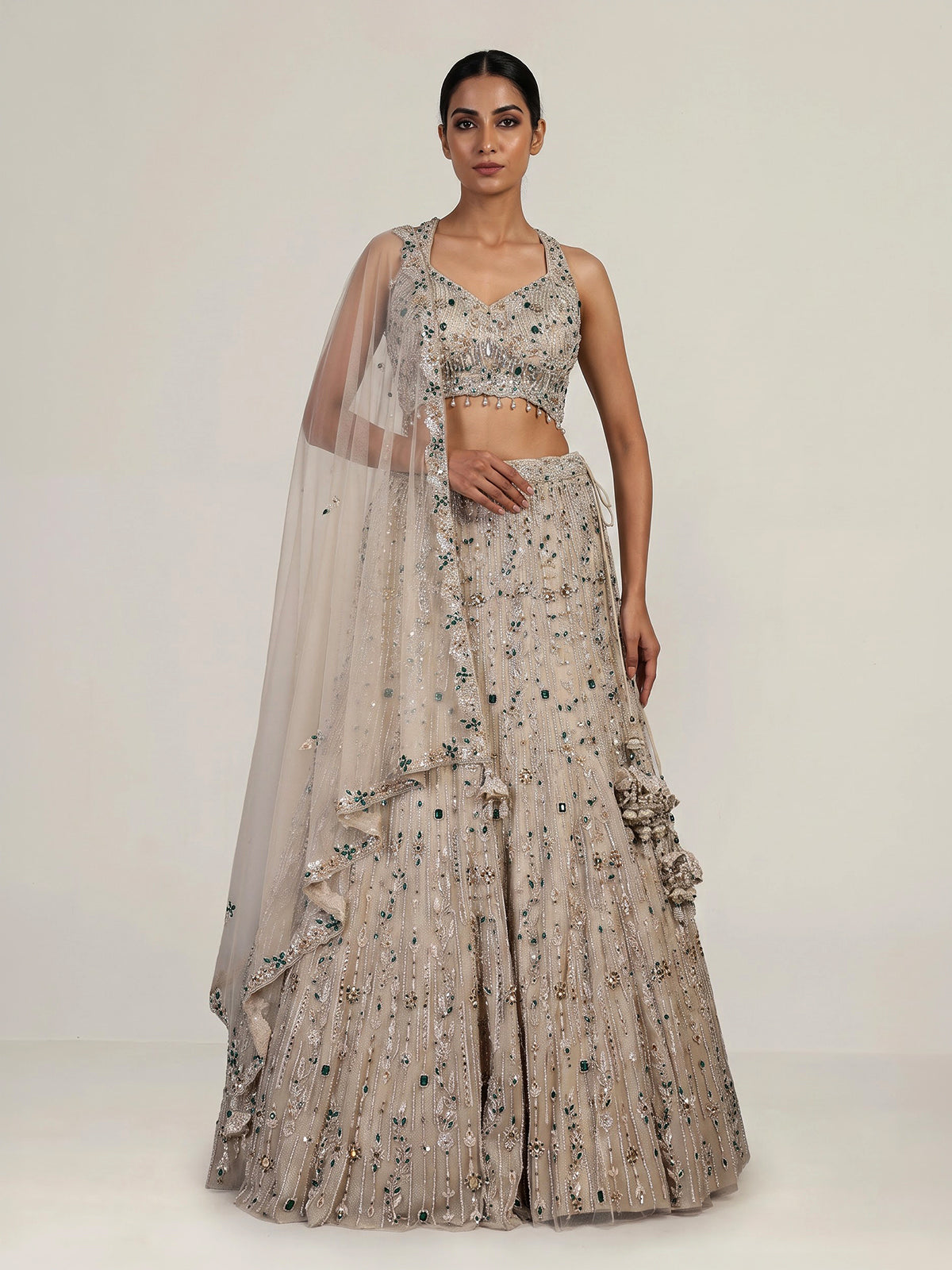Beige womens emerald crystal lehenga choli