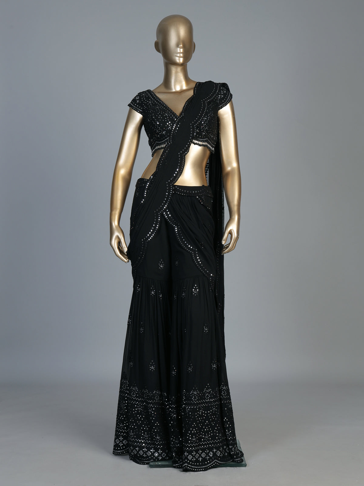 Black aabla embellished georgette sharara suit