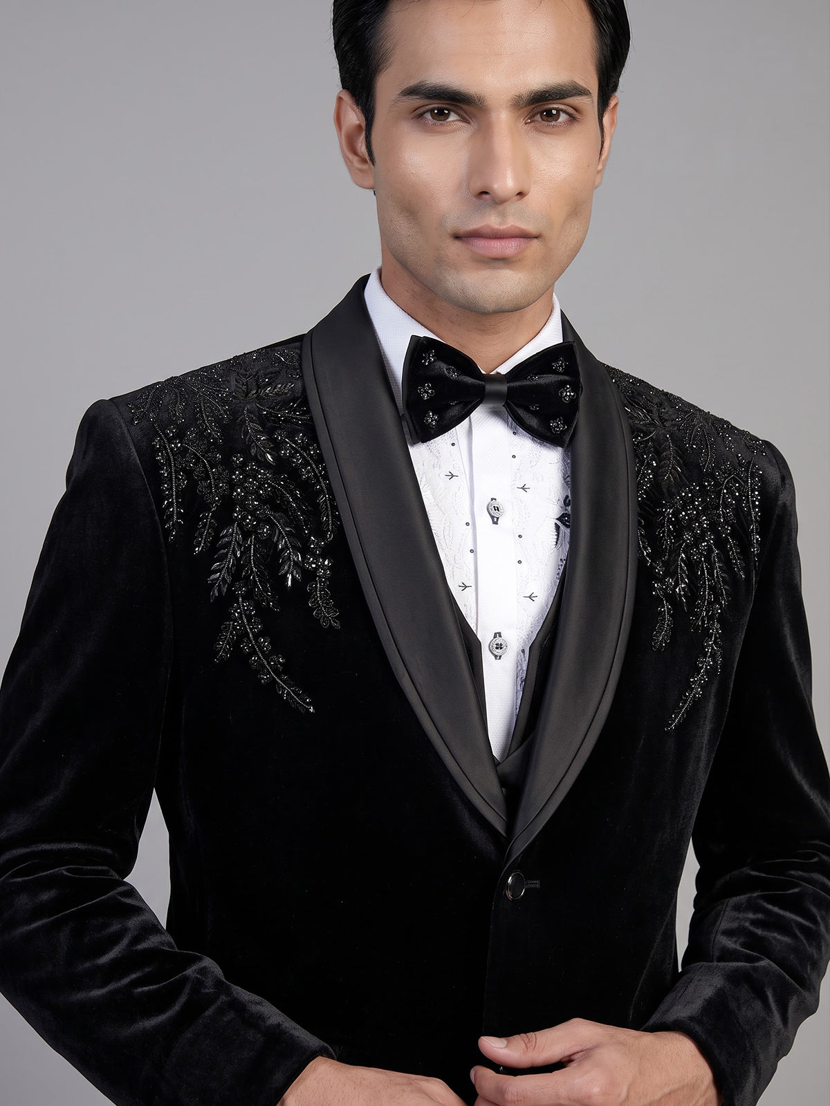 Black mens crystal embellished velvet coat suit