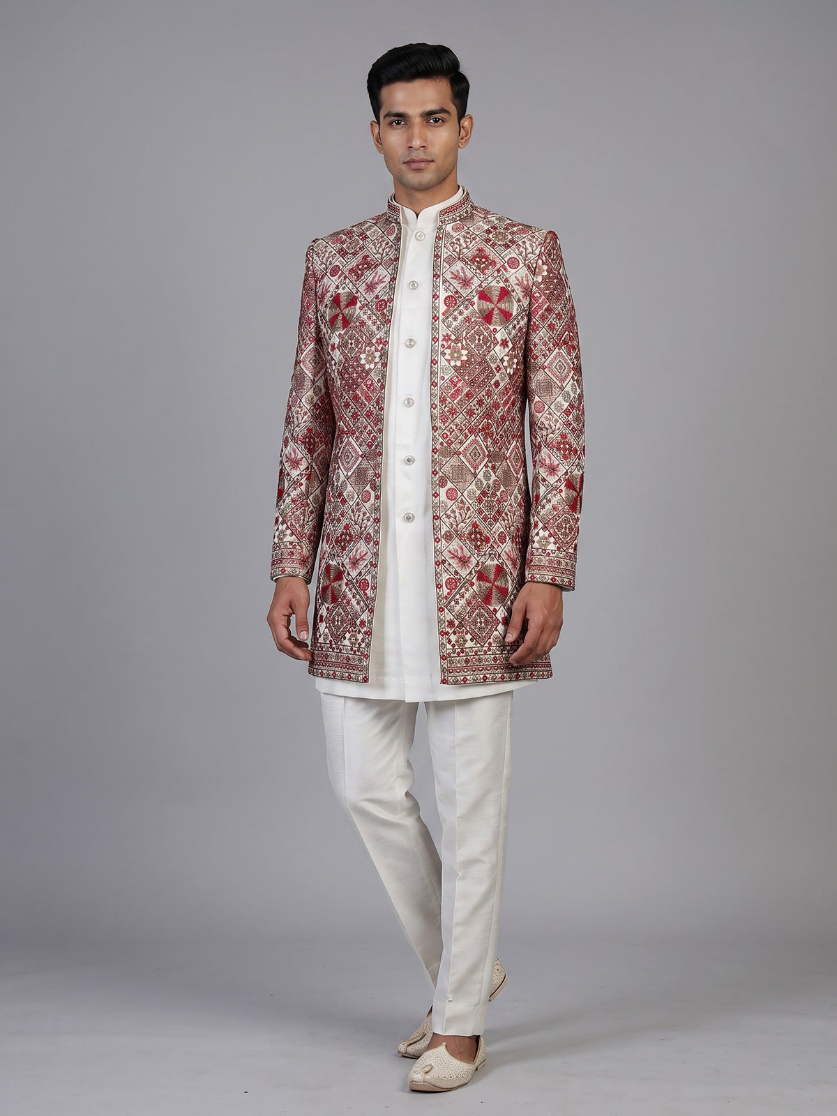 Cream mens geometric embroidered jacket indo western