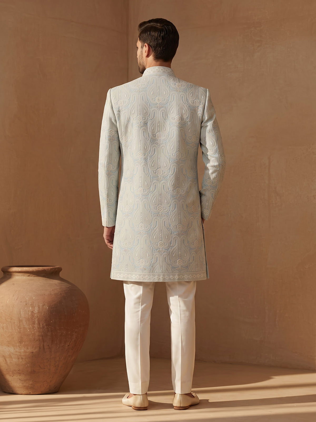 Ice blue mens chikankari jacket indo western