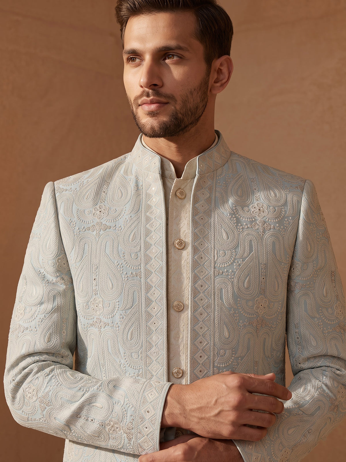 Ice blue mens chikankari jacket indo western