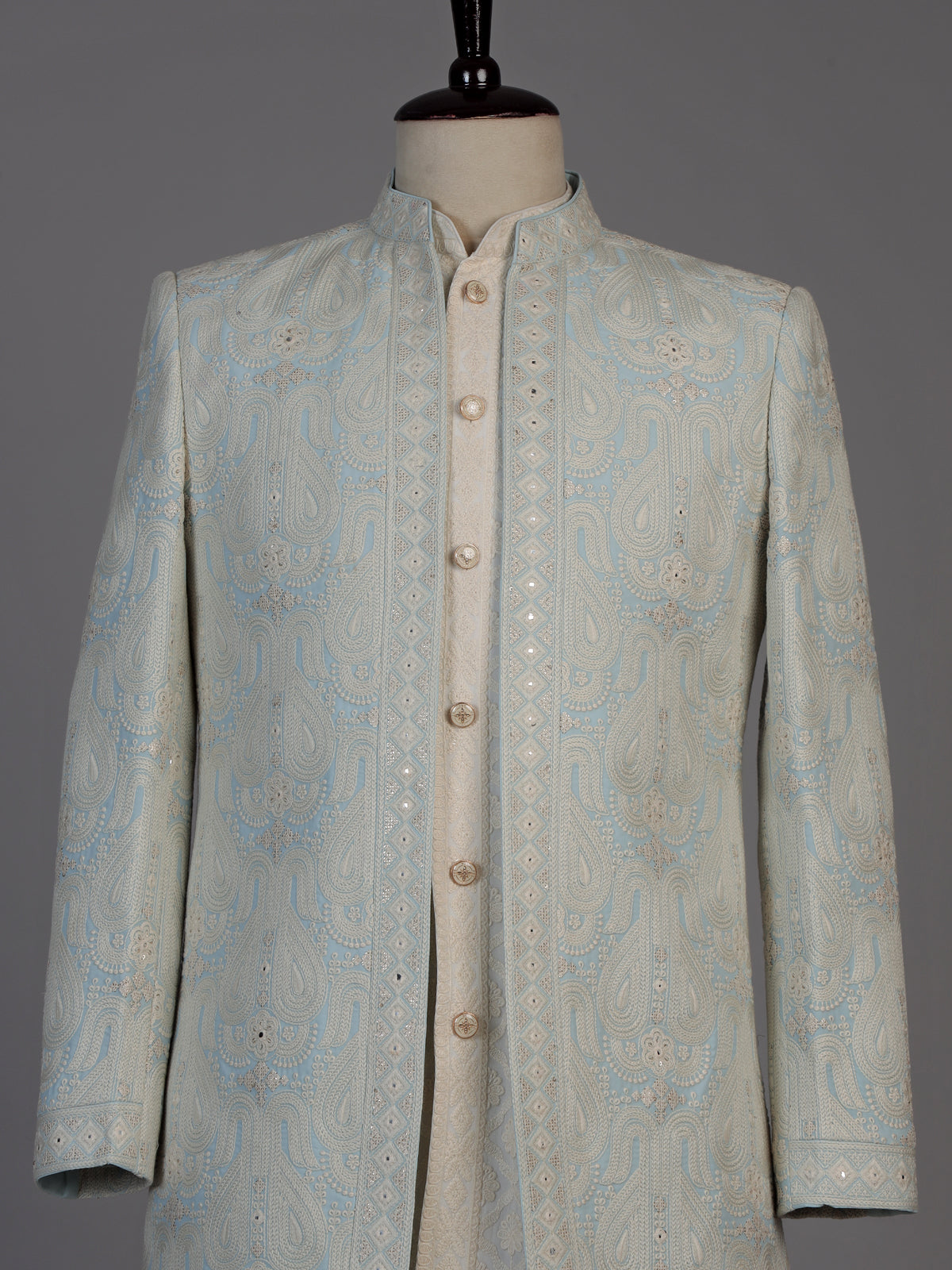 Ice blue mens chikankari jacket indo western