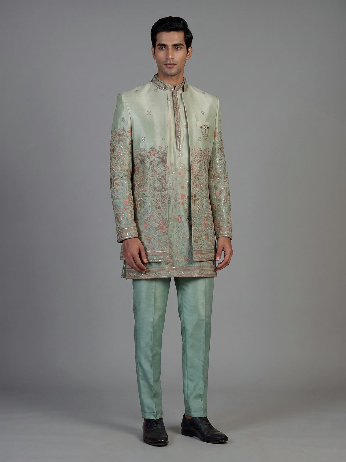Sea green mens ombre foliage indo western