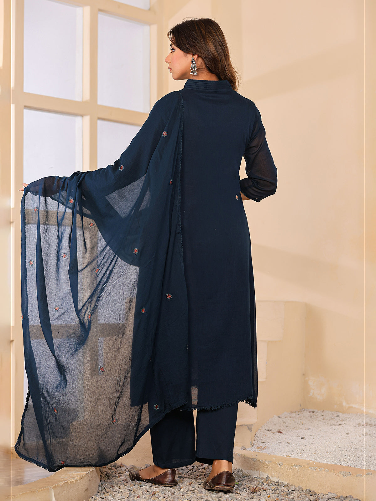 Navy blue cotton silk women elegant paisley anarkali kurti set