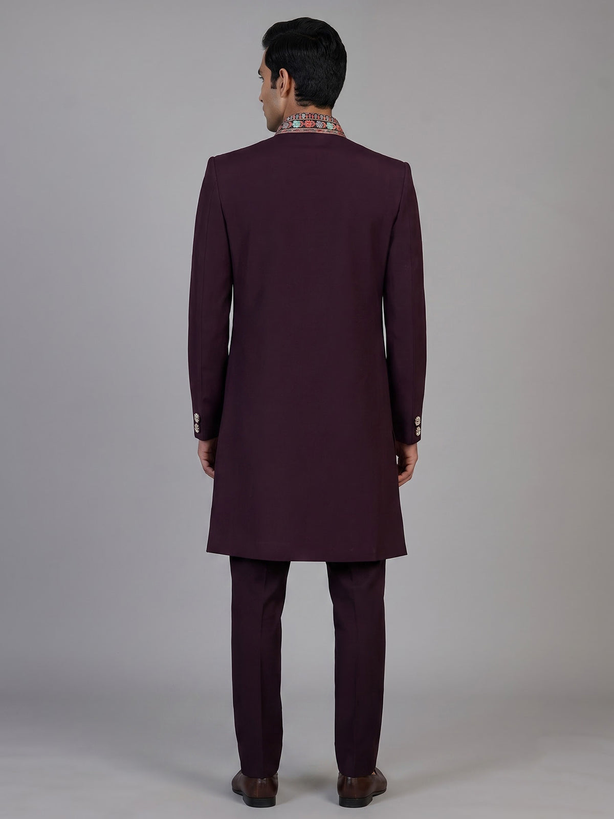 Wine embroidered groom sherwani for men